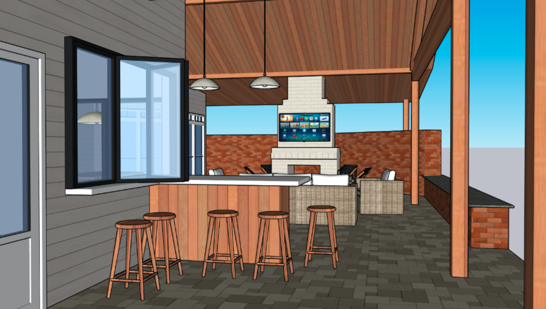 An outdoor patio with a bar, bar stools, a seating area with chairs, and a fireplace with a television above it, surrounded by brick and wooden walls.