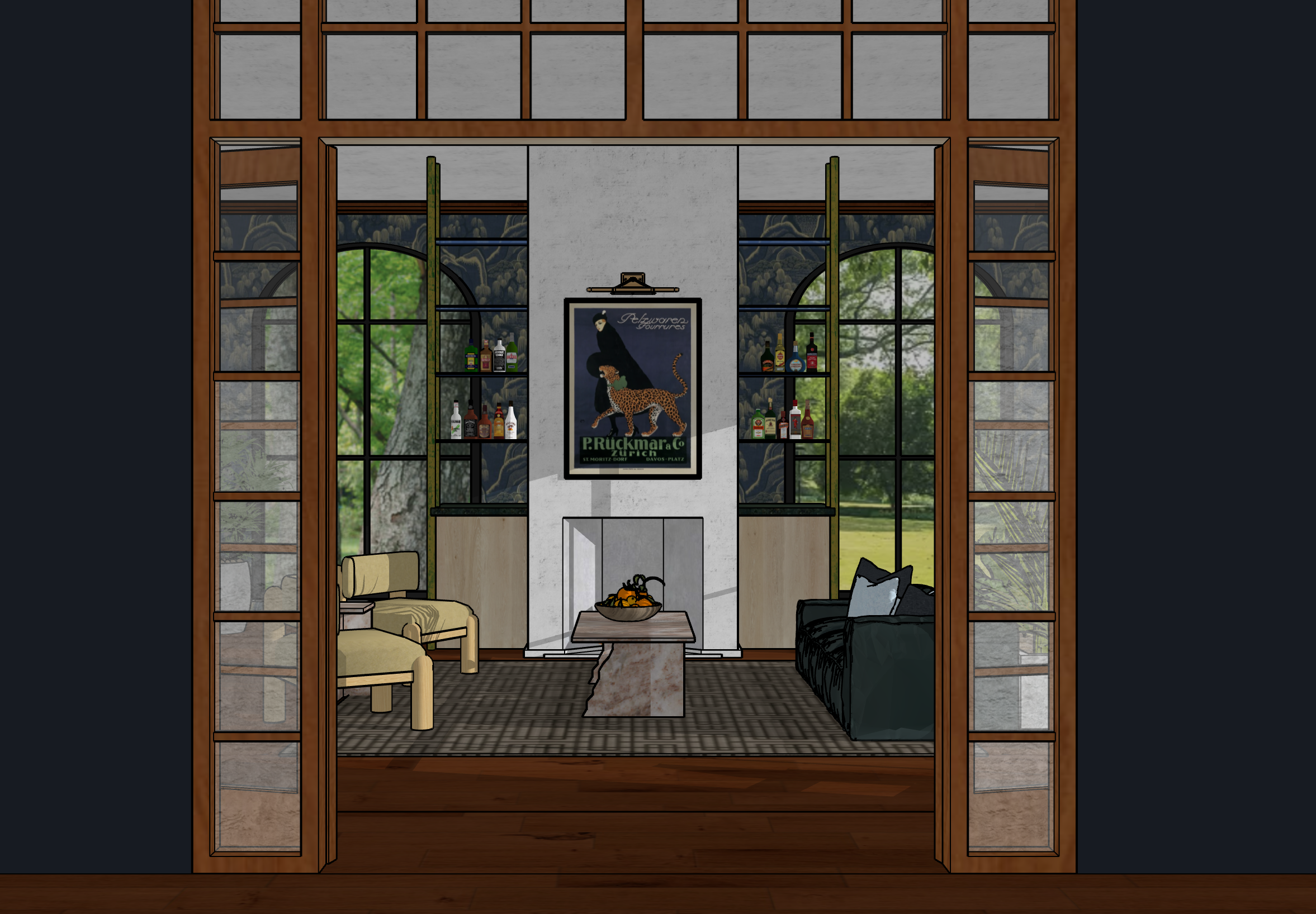 Living room with large windows, wooden door frames, beige armchair, black sofa with pillows, central coffee table with fruit, wall-mounted shelves with bottles, framed art of a woman and a cheetah, and a fireplace with a white surround.