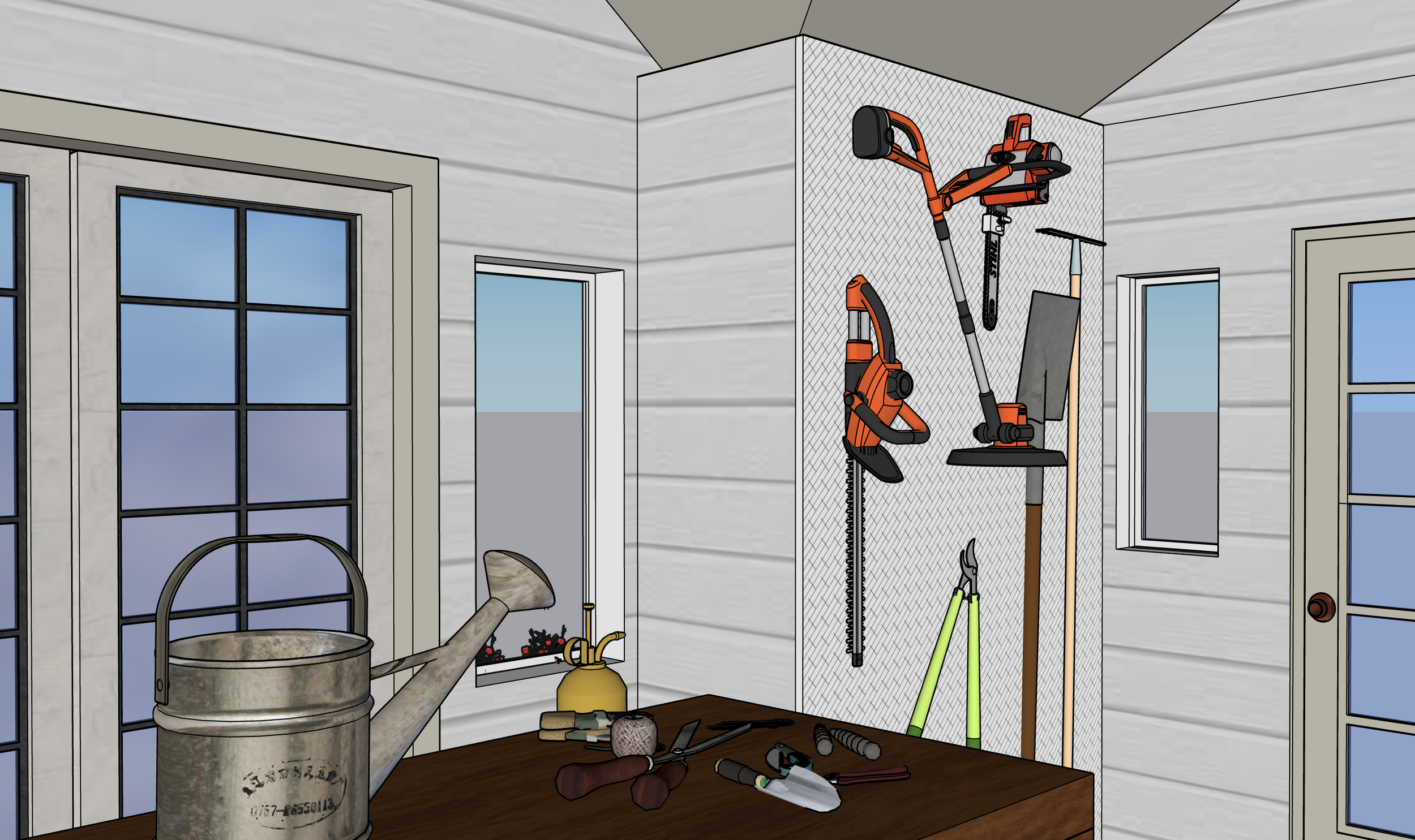 A workshop with tools hanging on a pegboard, a table with gardening tools, and a watering can. Large windows show a blue sky outside.