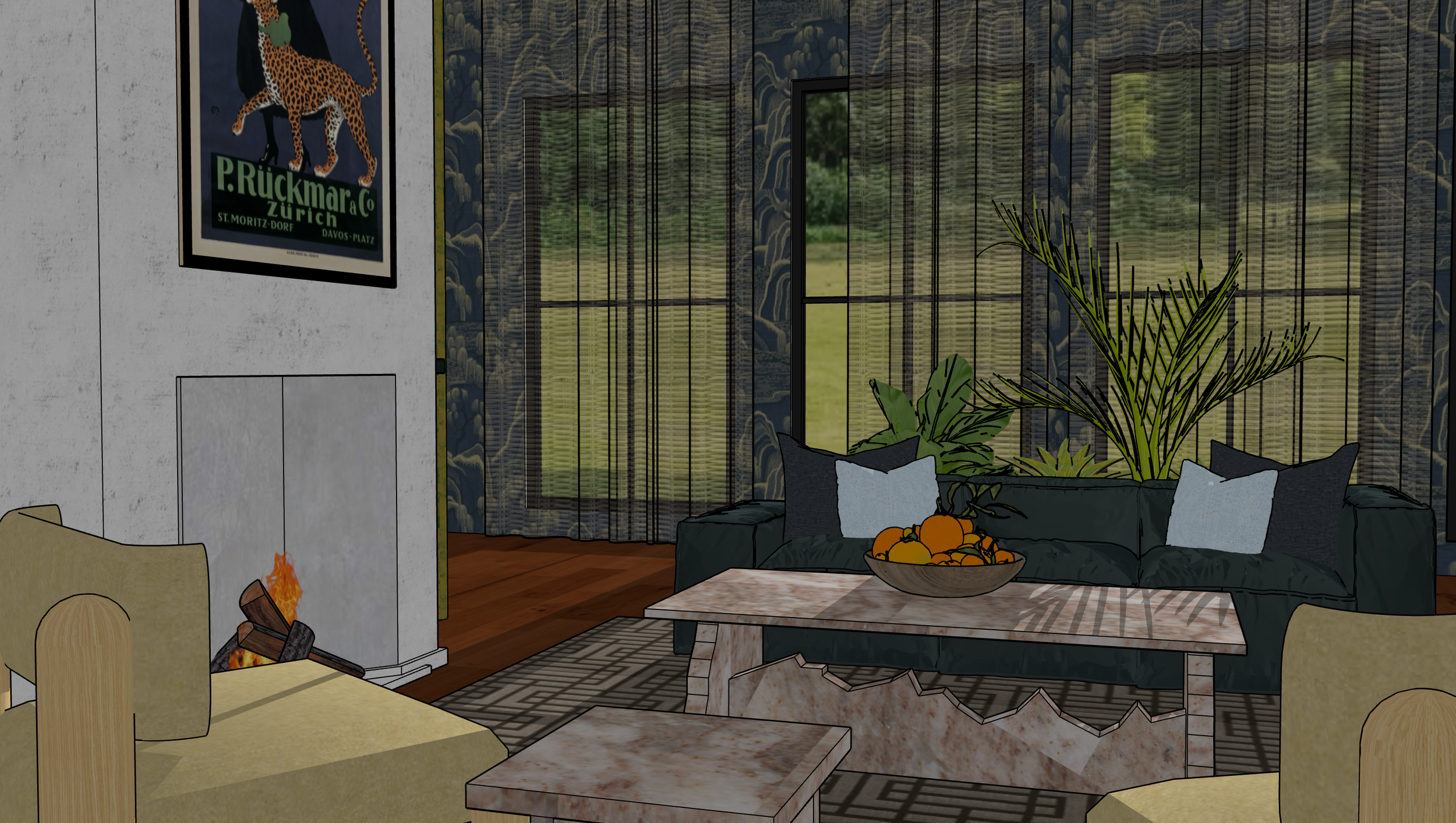 A living room with a fireplace, a black sofa with white cushions, a coffee table with a bowl of oranges, and large windows with patterned curtains. There are green plants behind the sofa and framed artwork on the wall above the fireplace.