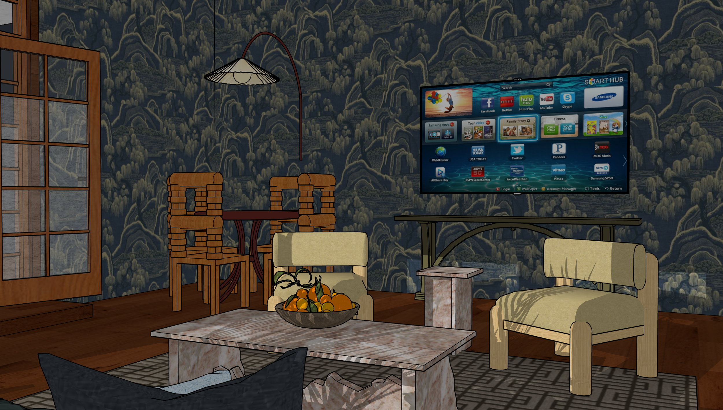 Living room with a patterned blue wallpaper, a mounted flat-screen TV displaying app icons, a wooden dining table with chairs, a beige armchair with a curved back, a marble-top side table, a bowl of oranges on a marble coffee table, and a sliding doo