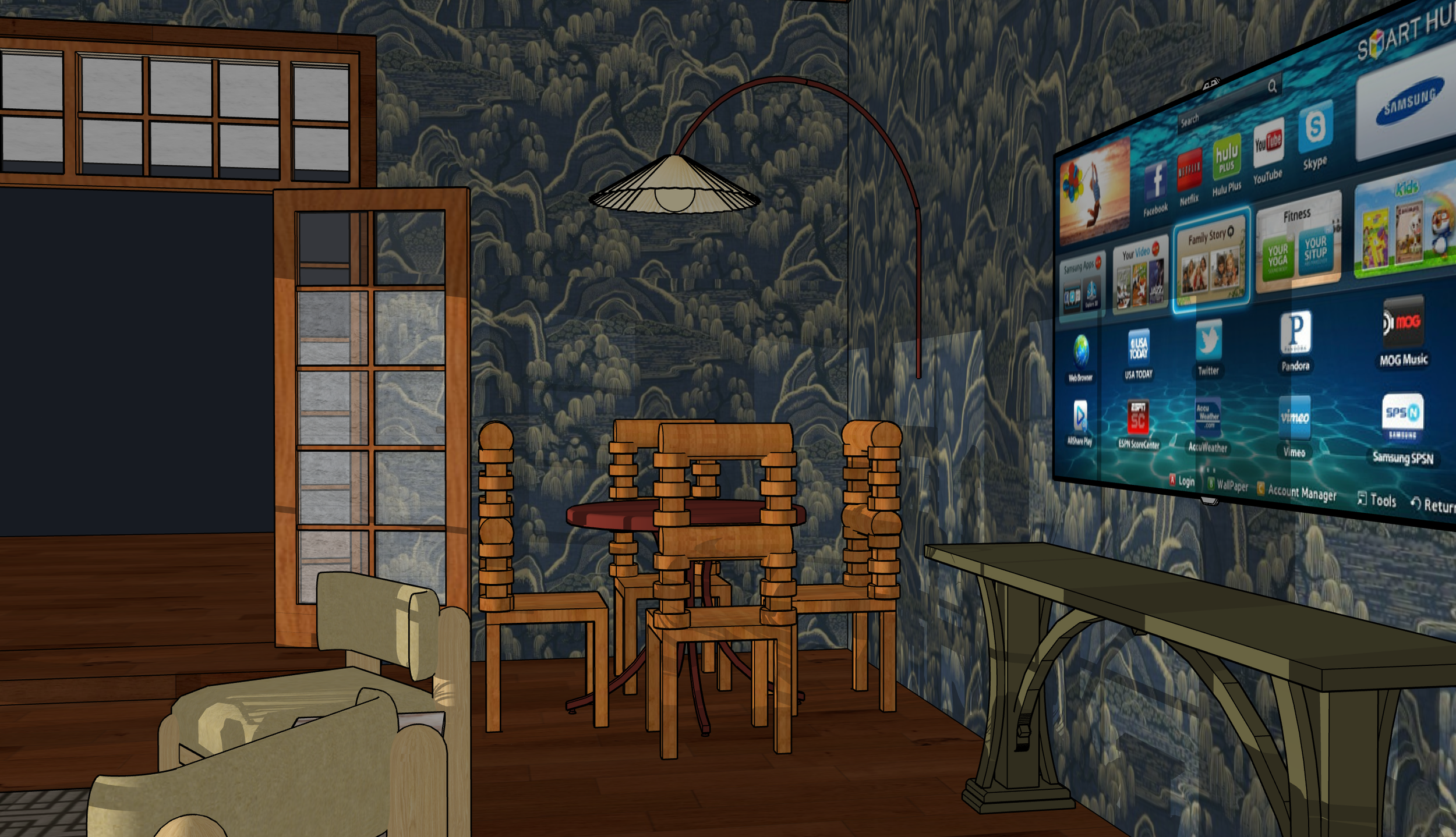 A cozy living room with wooden flooring and wallpaper featuring mountain scenery. There is a large flat-screen TV mounted on the wall displaying apps, a wooden table with a chair, a green cabinet, and some beige upholstered armchairs.