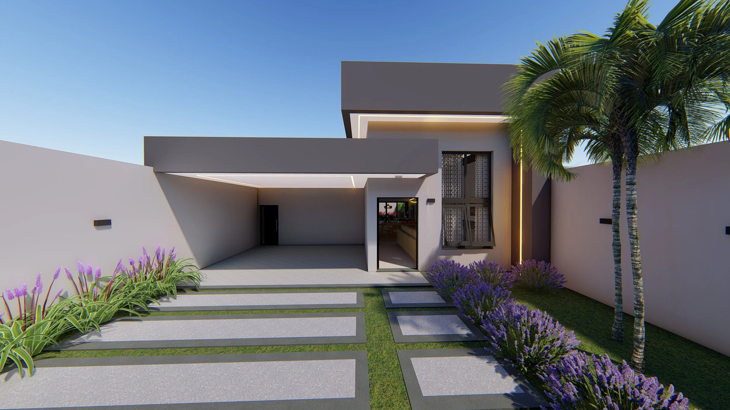 Modern house with landscaped front yard, purple lavender bushes, two palm trees, and a grey driveway, under a clear blue sky.