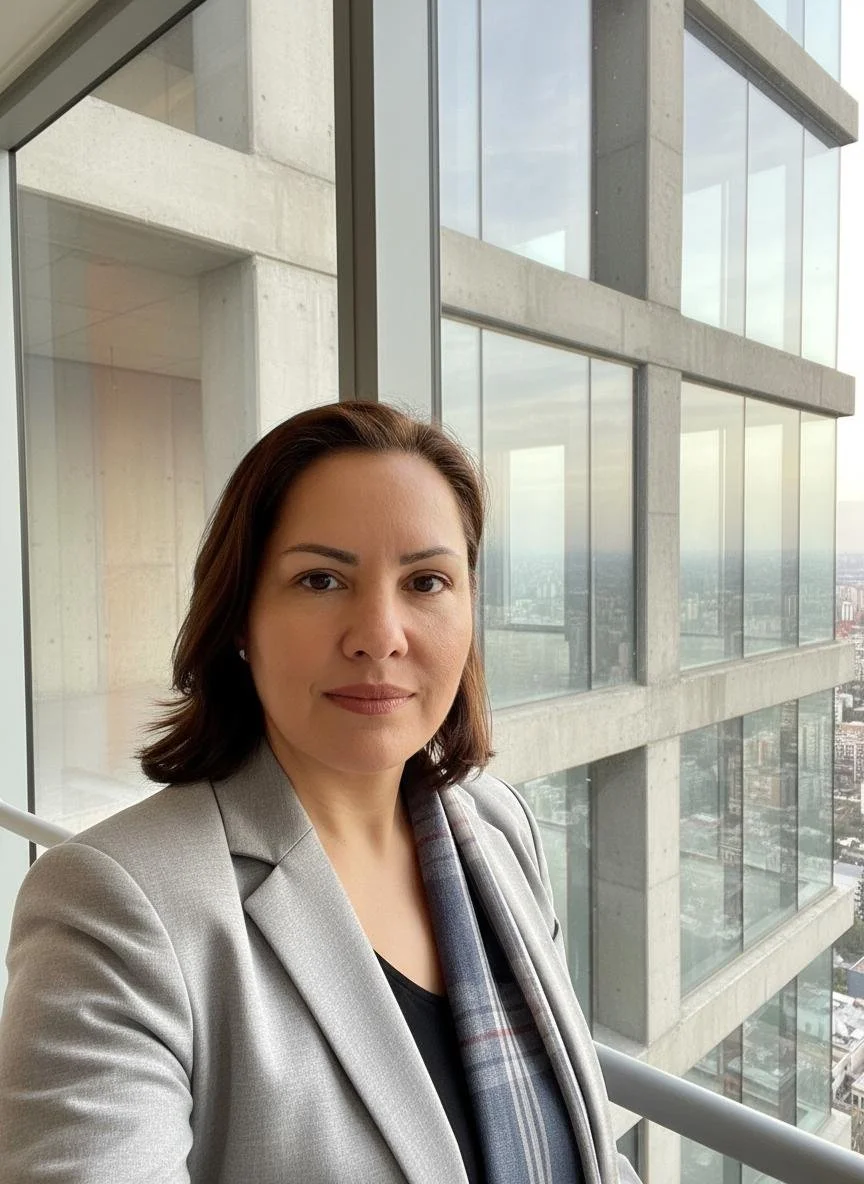 A woman in a gray blazer taking a selfie on a balcony of a high-rise building, with a cityscape and large glass windows in the background.