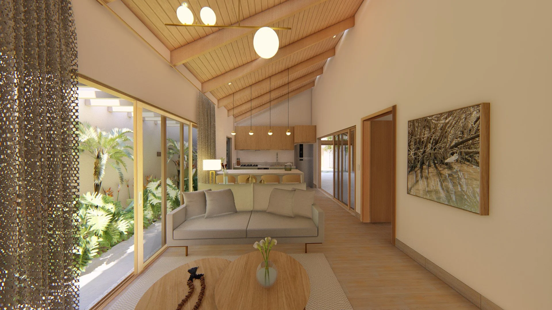 Living room with high vaulted wooden ceiling, large sliding glass doors opening to a garden, and modern decor including a beige sofa, wooden coffee table with flowers, and wall art of nature scene.