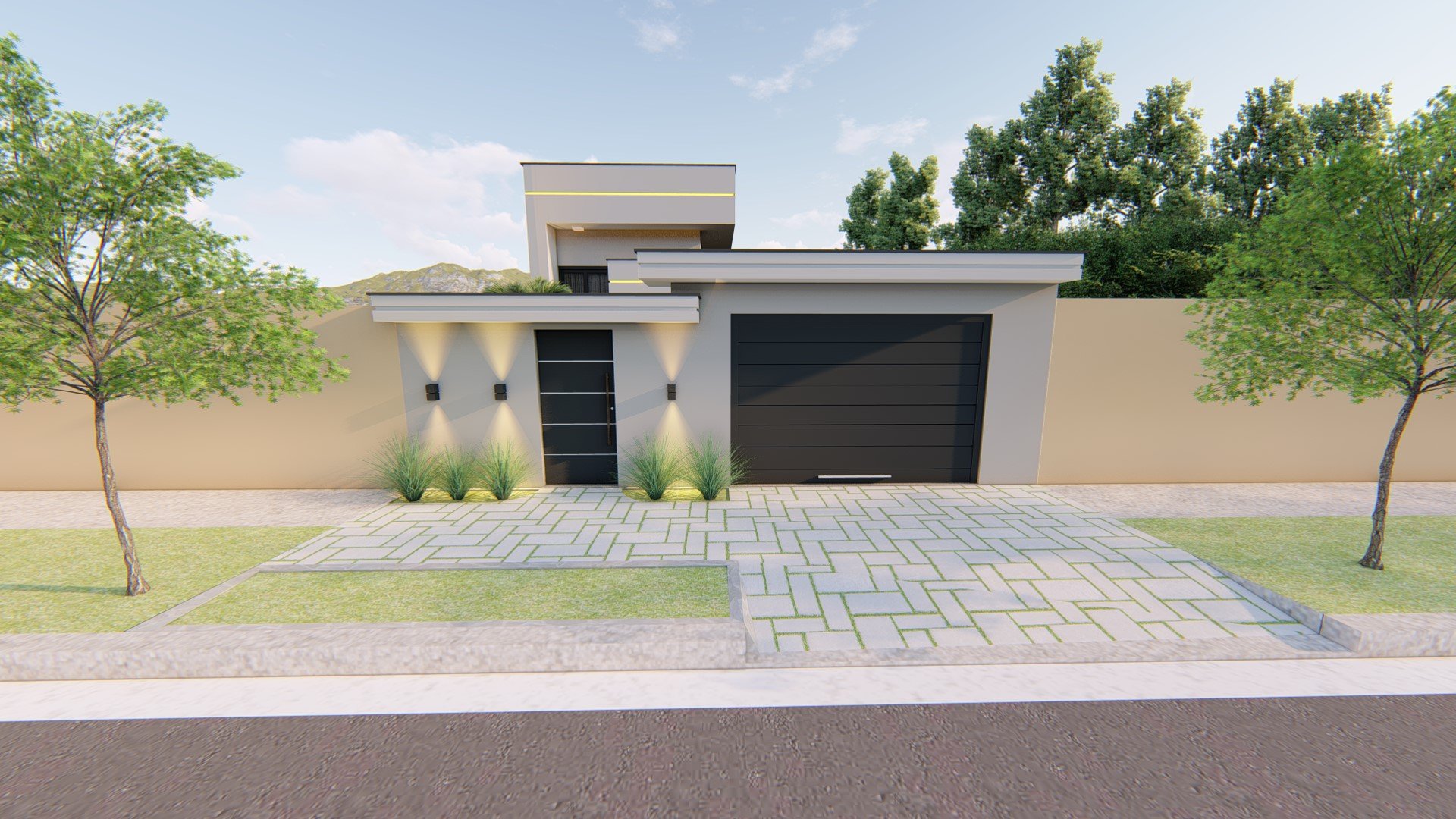 Modern house with a driveway, trees, and a fence, featuring a black garage door and a front door, illuminated with exterior lighting.