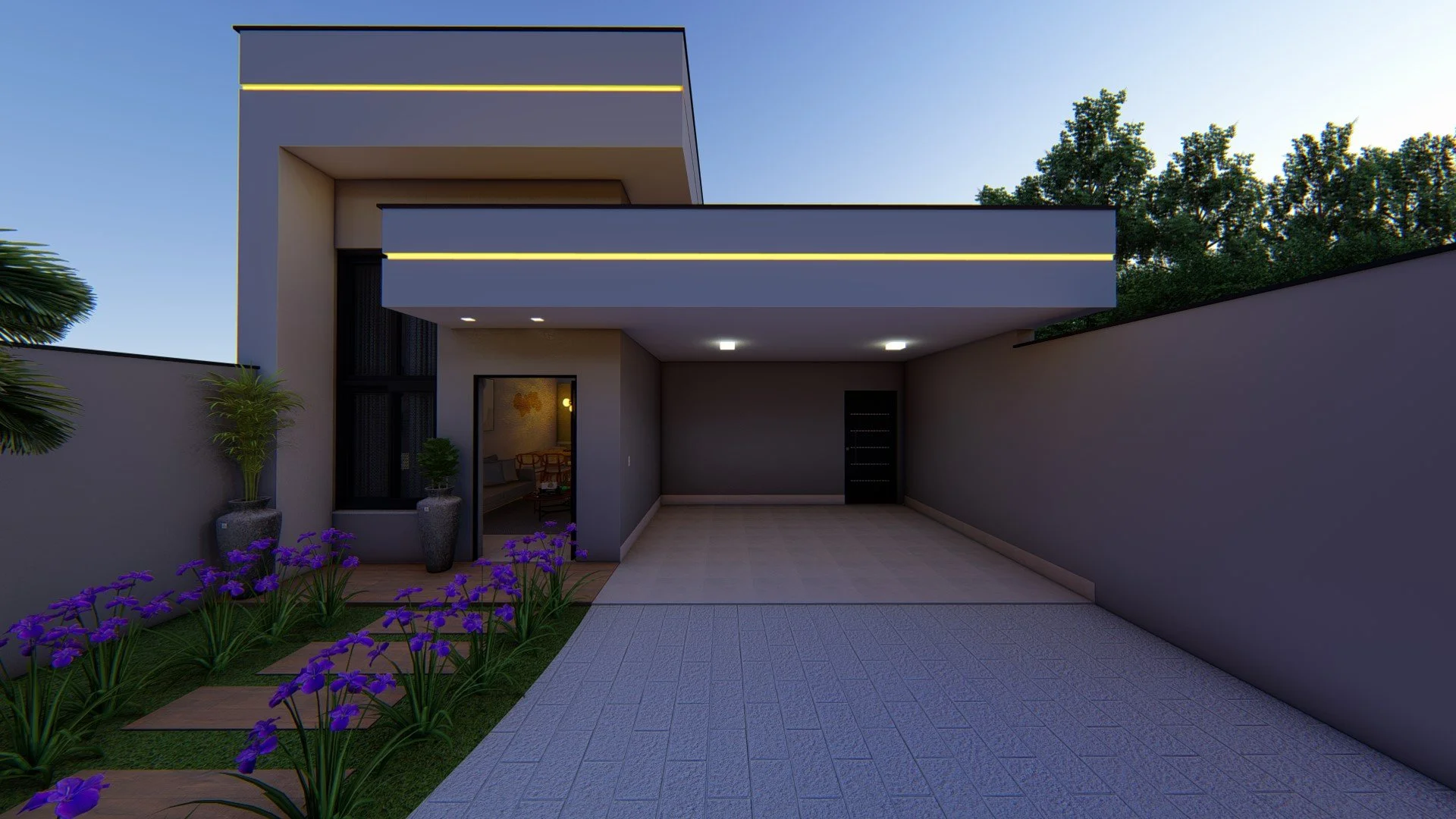 Modern house exterior at dusk with a driveway, potted plants, purple flowers, and a lit interior visible through a glass door.