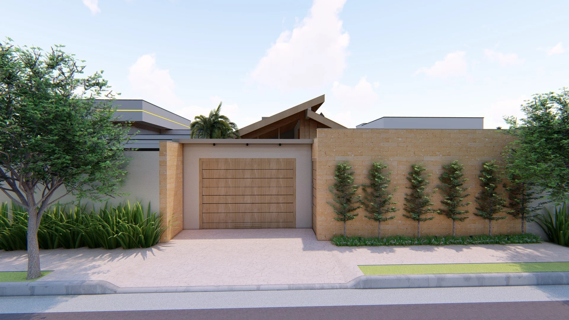 A modern residential front entrance with a wooden gate, a brick wall on one side, and a row of small trees, with a paved sidewalk and grass on the curb, under a partly cloudy sky.