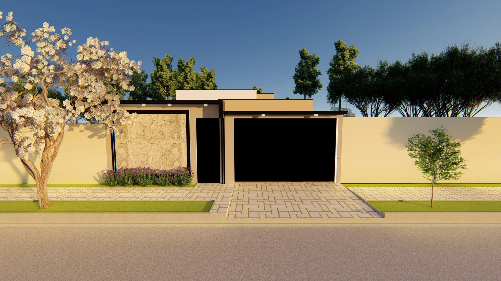 Modern house with a beige and white exterior, stone wall accent, black garage door, landscaped front yard with flowering tree on the left and small tree on the right, paved driveway, and green lawn.