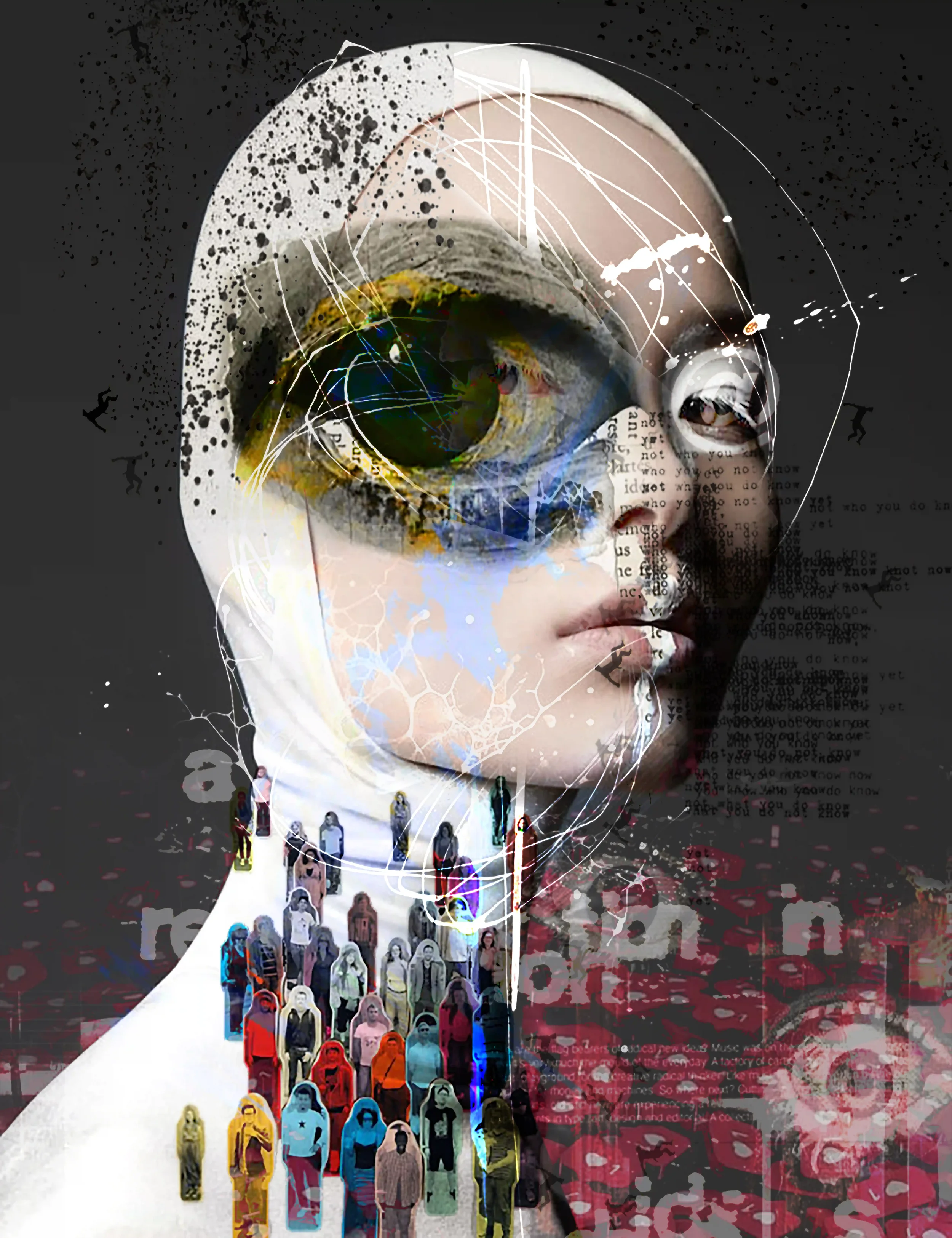 A surreal digital artwork combining human features, with a large eye, fragmented face, and a school crowd of students on the neck, against a dark abstract background.
