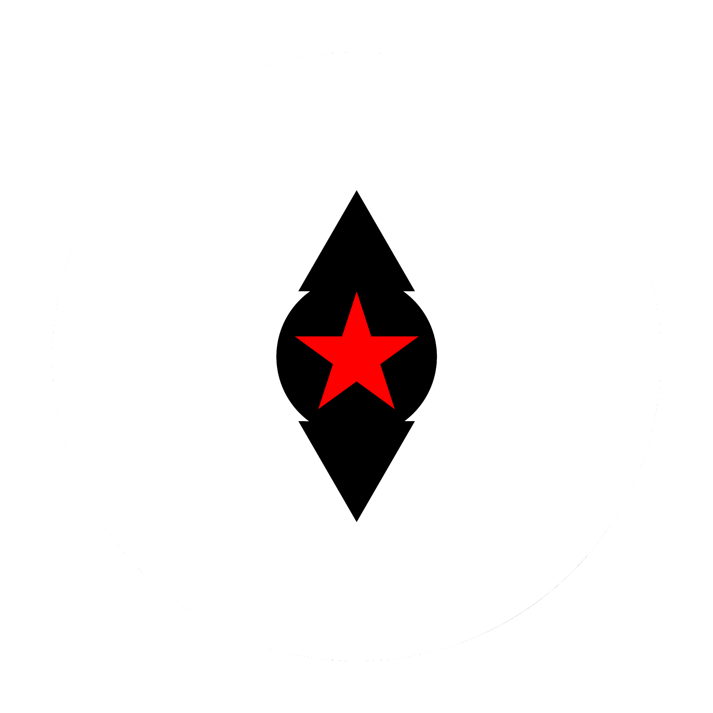 A black geometric design with a red star in the center, set against a white background.