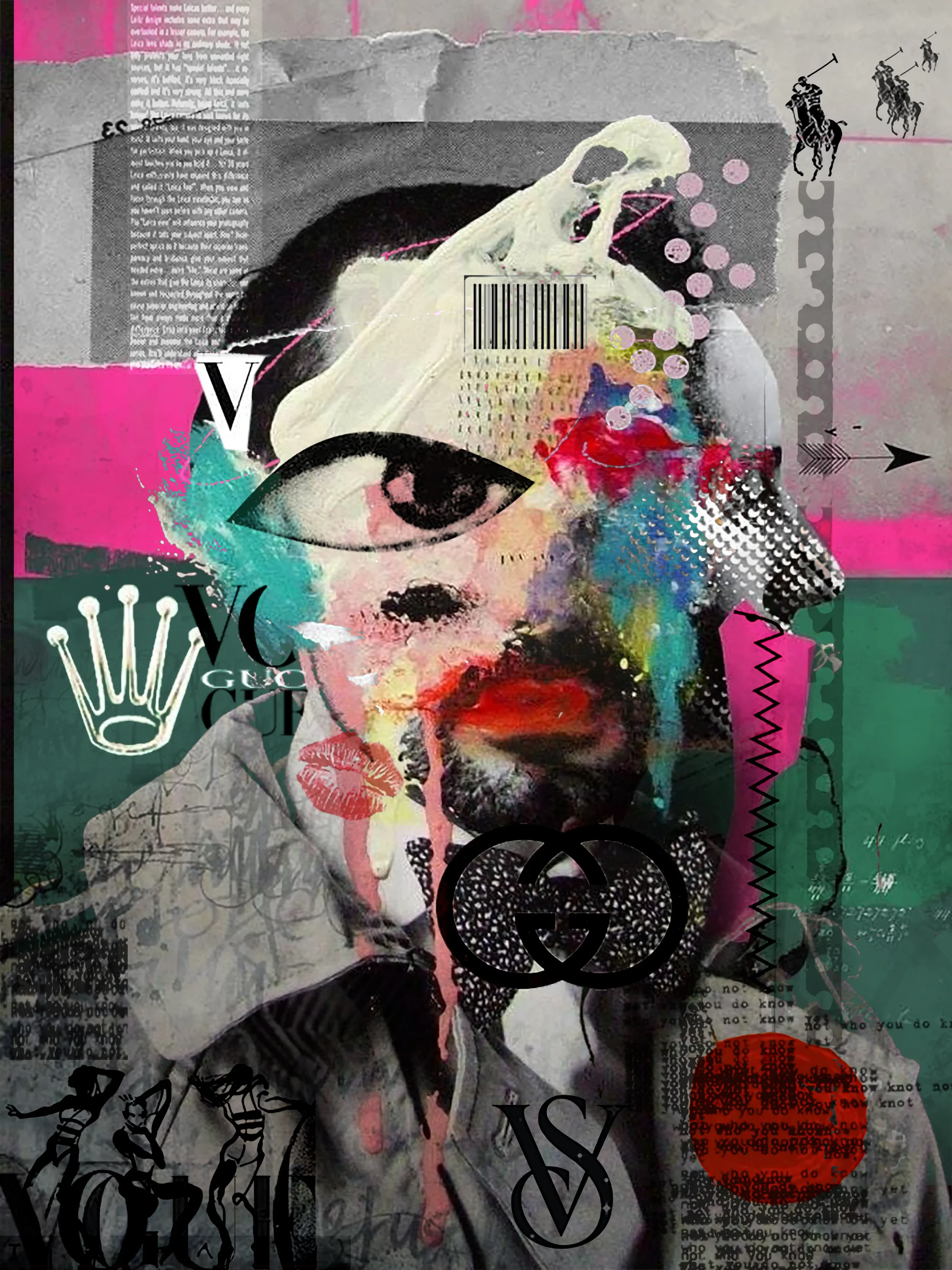 A collage artwork featuring a distorted human face with colorful paint splatters, large eye, lips, and various graphic elements like logos, text, and illustrations, in a mixed media style.