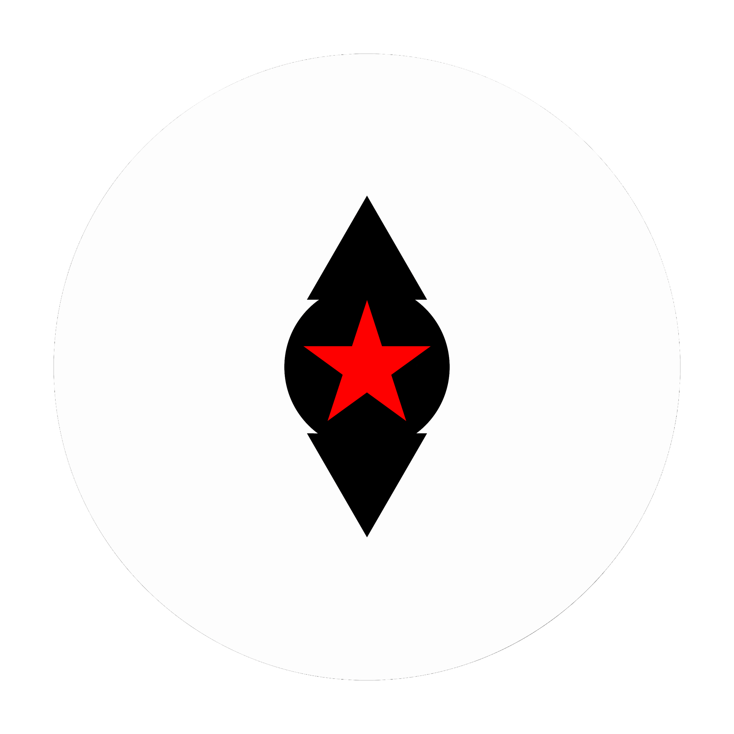 A graphic design of a black arrow and circle with a red star in the center, set against a white background.