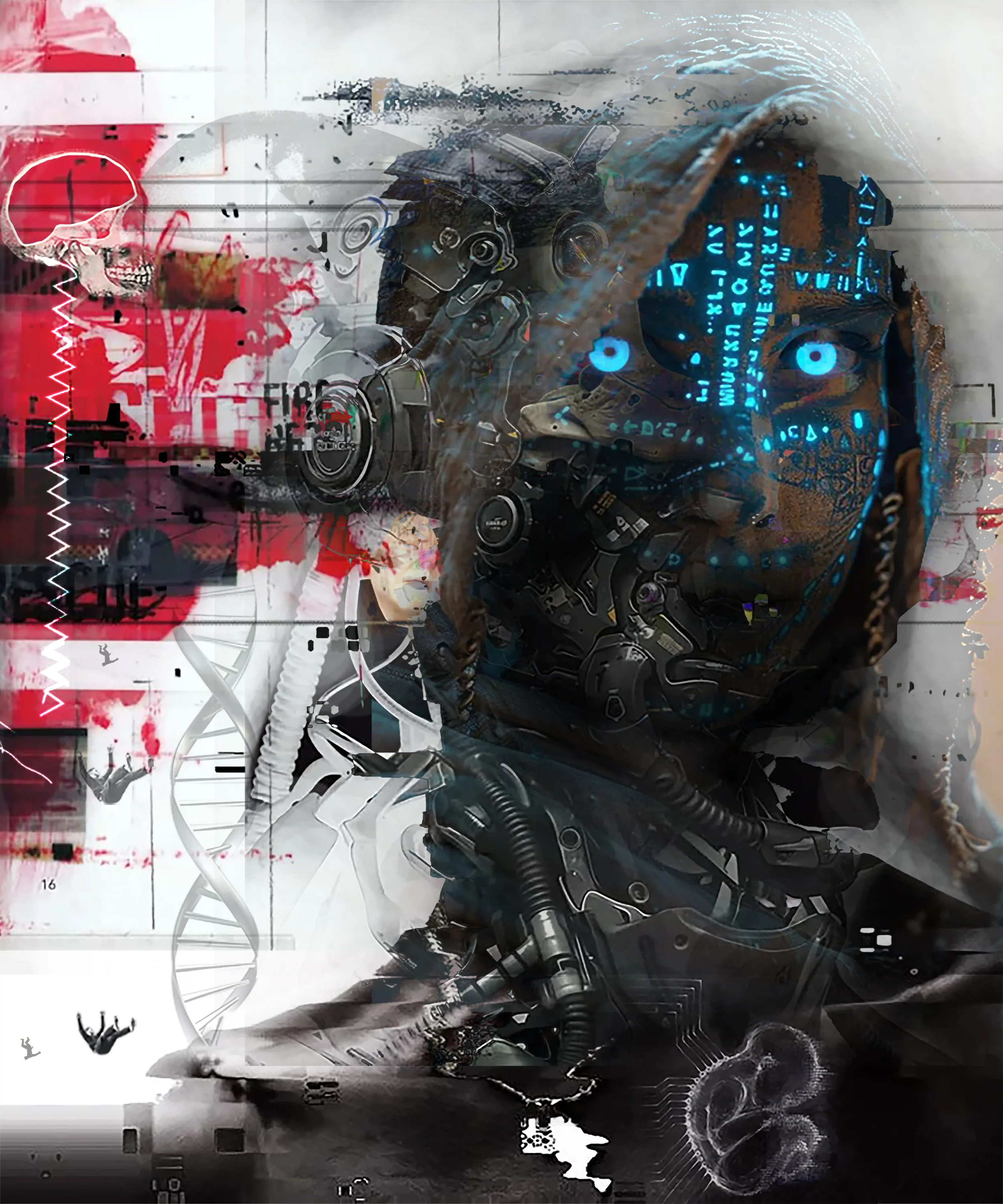 Digital artwork of a humanoid robot with glowing blue eyes, wearing a hood, integrated with circuitry, set against a background combining abstract digital elements, human skull, DNA strand, and mechanical parts.
