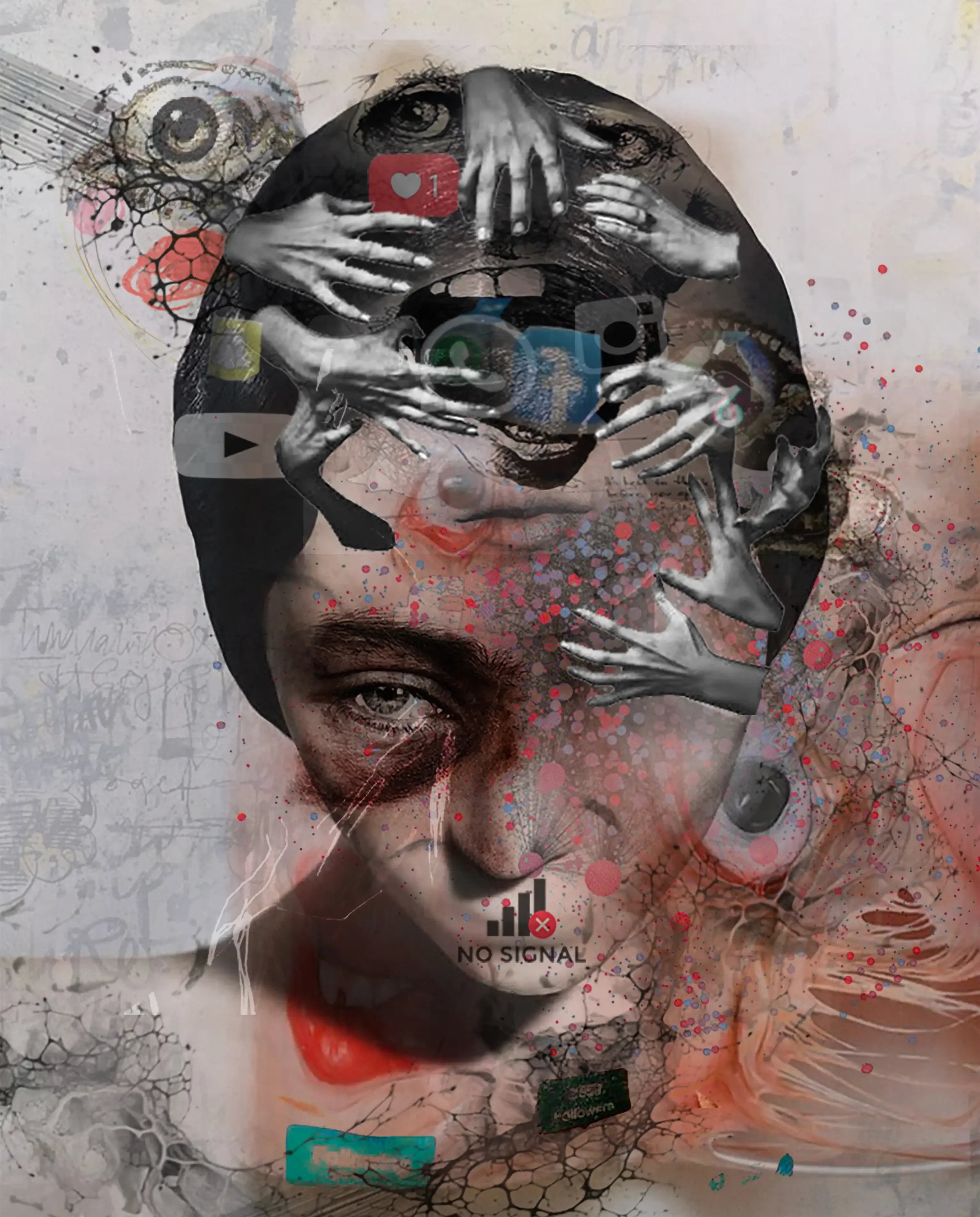 A collage of a woman's face with various digital and artistic elements overlaid, including multiple hands reaching toward her head, a cracked texture, splashes of color, social media icons, and a 'No Signal' message.