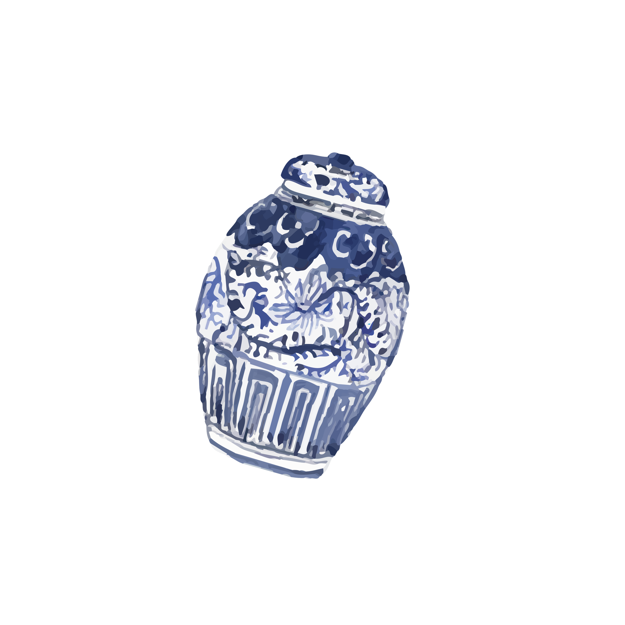 Graphic illustration of a blue and white Starbucks coffee cup with a floral design on a black background.