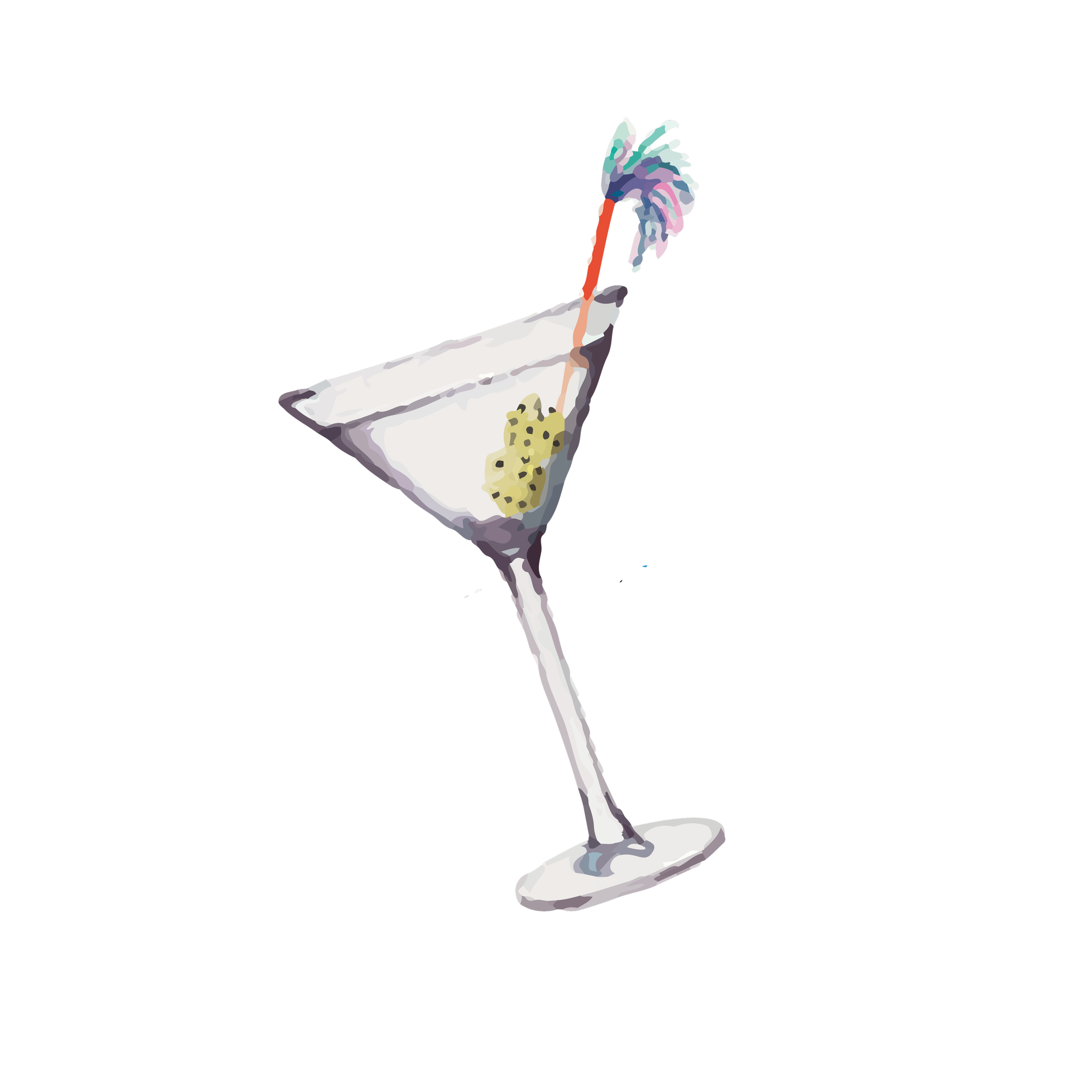 A cocktail glass with a drink, a colorful umbrella, and a lemon wedge, on a black background.