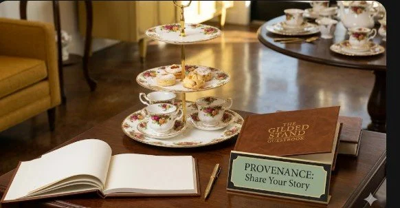 A table with a three-tier teacup stand, a notebook, a pen, a sign with 'Provenance: Share Your Story,' and a few books, set in a cozy room with other tables and tea cups in the background.