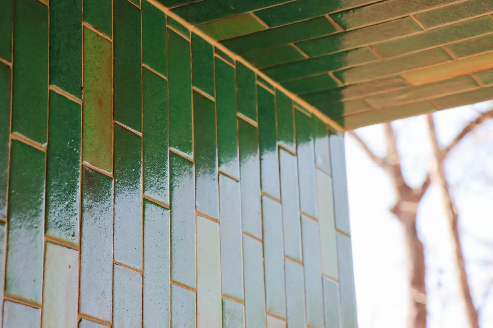 Close-up of green and white tiles on an exterior wall, with a tree in the background.
