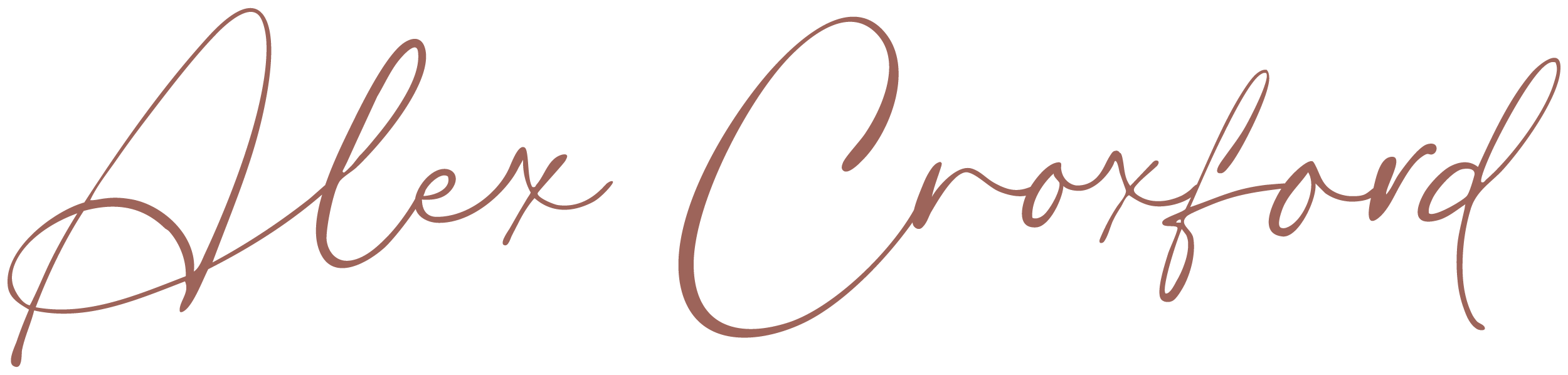 Stylized cursive text reads "Alex Crawford" in light pink color on a black background.