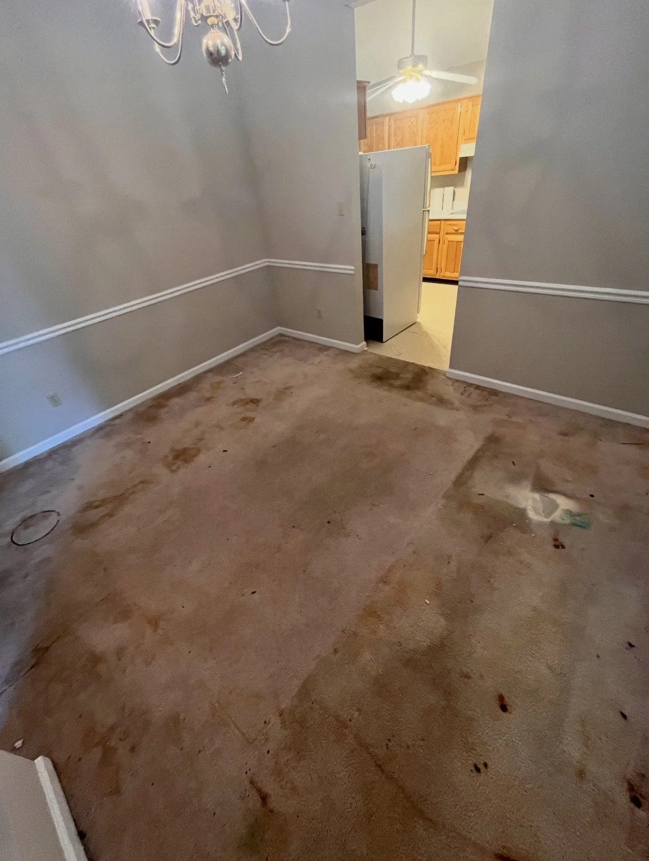 Empty room with stained carpet, white walls with chair rail molding, chandelier hanging from ceiling, view of kitchen with wooden cabinets and white appliances in background.