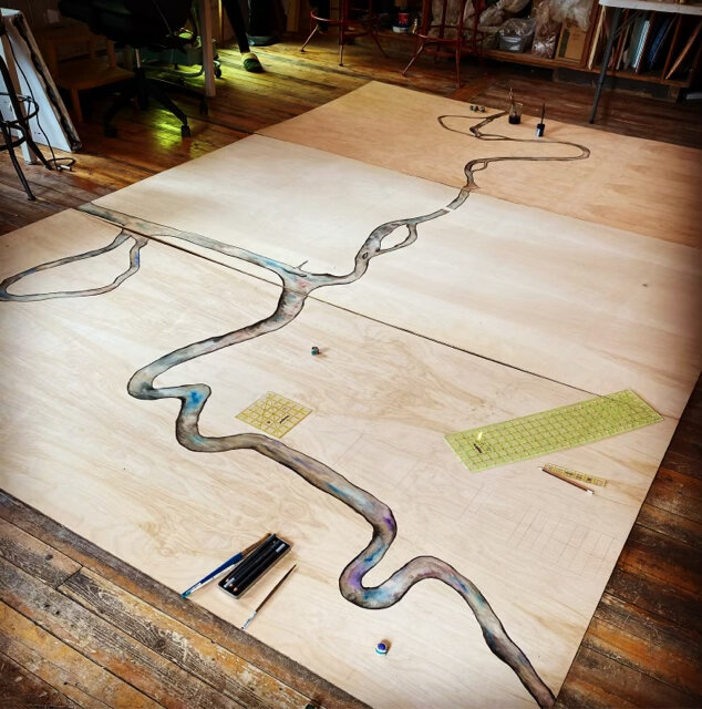 This is pencil, paint on birch plywood, projection, and digital rendering.