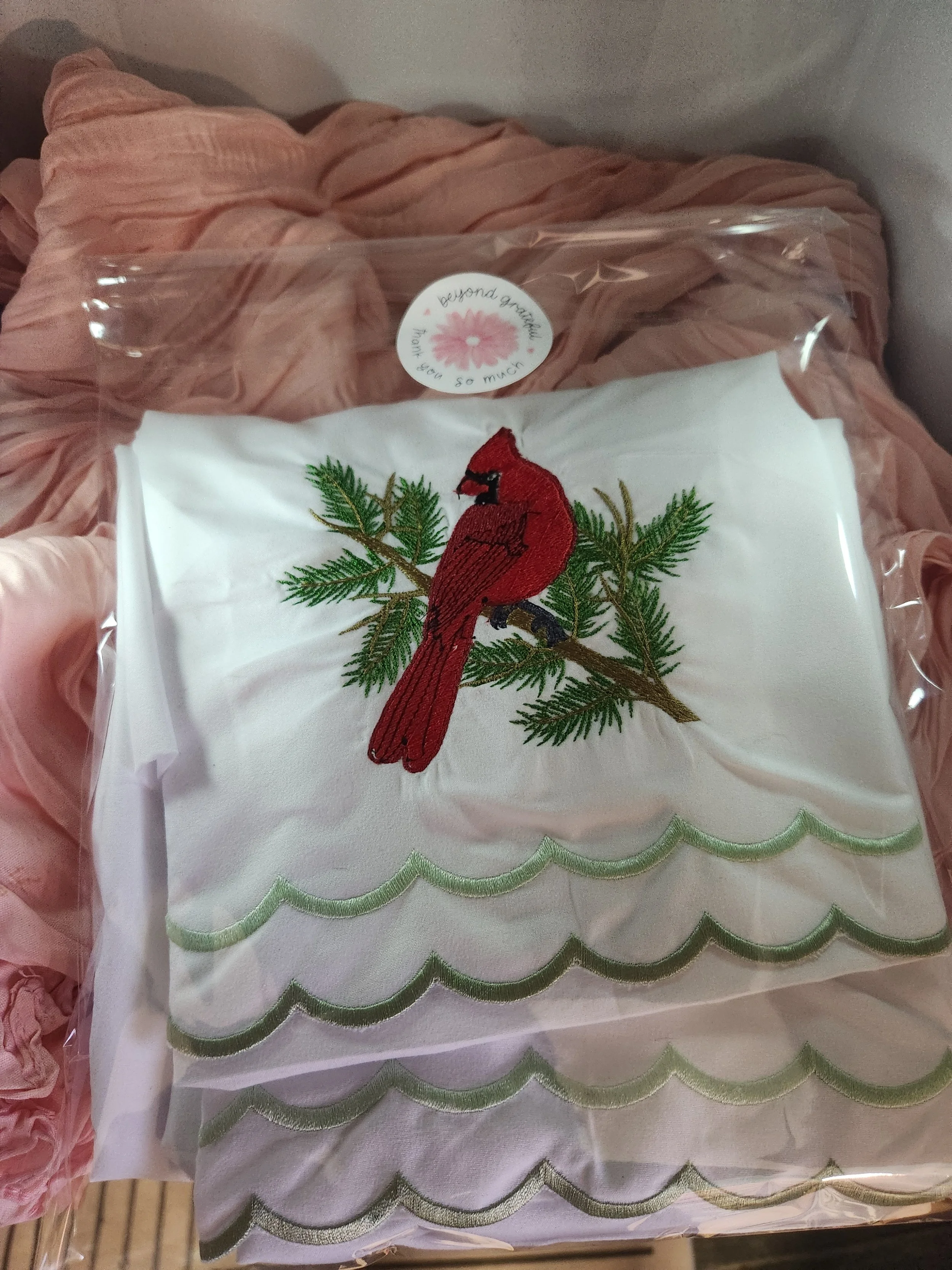 Red Cardinal on Spruce Branch Pillowcase – Embroidered Nature-Inspired Home Décor - Pkg of 2