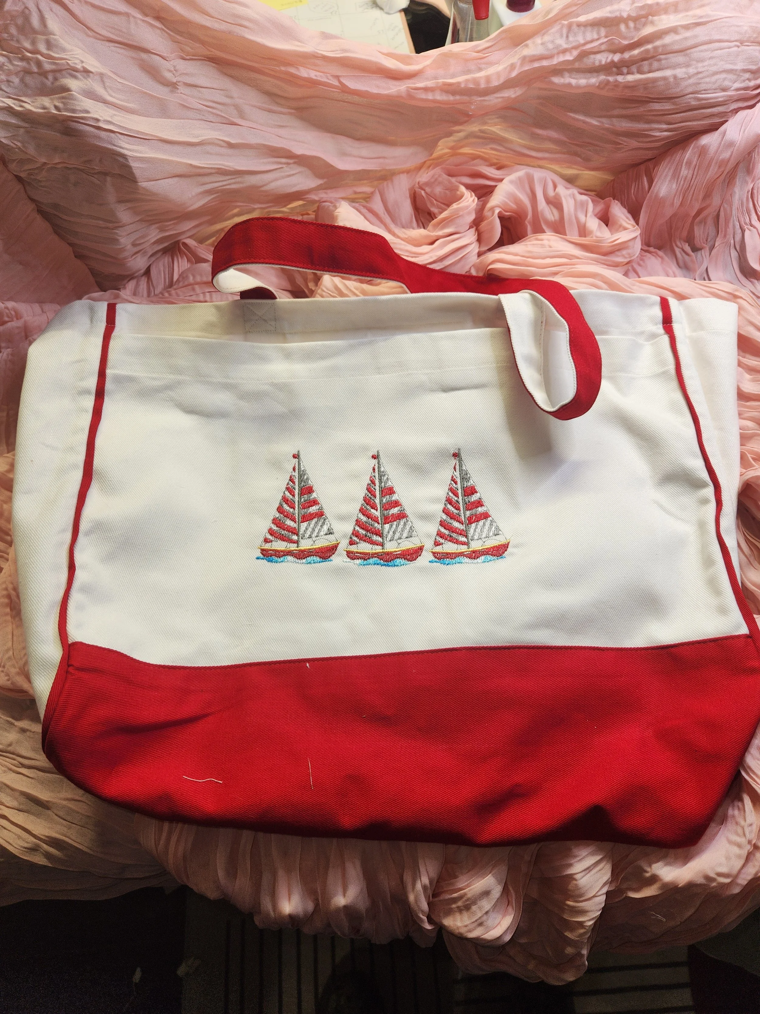 Custom Embroidered Sailboat Heavyweight Red & White Canvas Bag