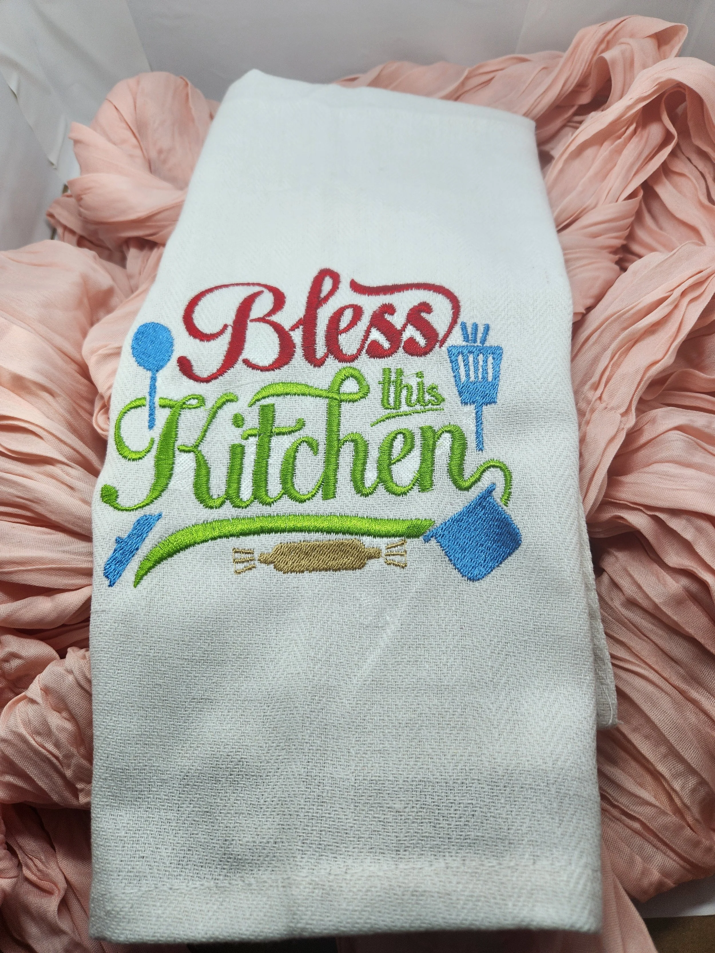 Custom Embroidered “Bless This Kitchen” Cup Towel – Cotton Kitchen Décor