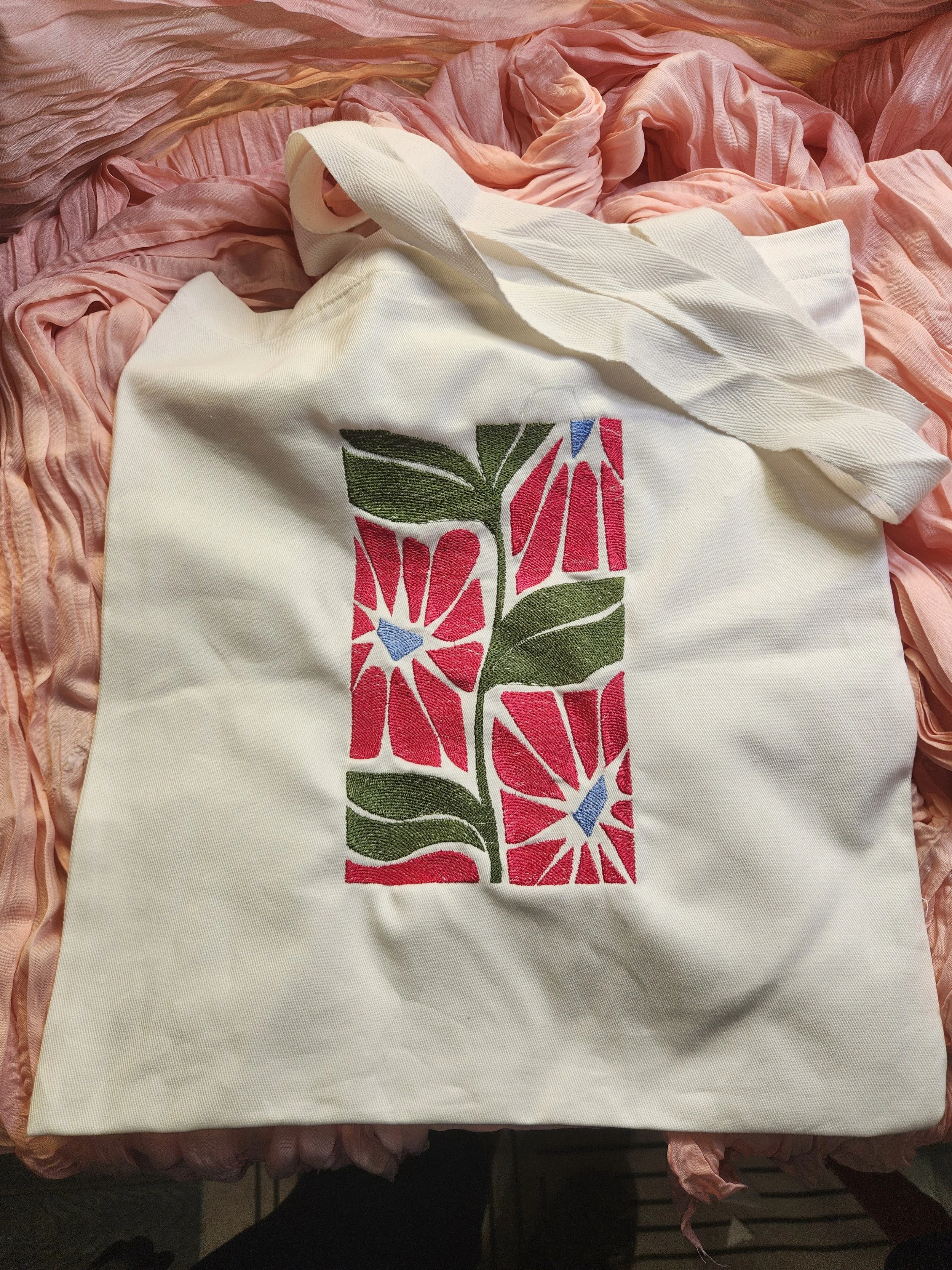 Custom Embroidered White Canvas Bag with Abstract Red Flowers & Green Leaves