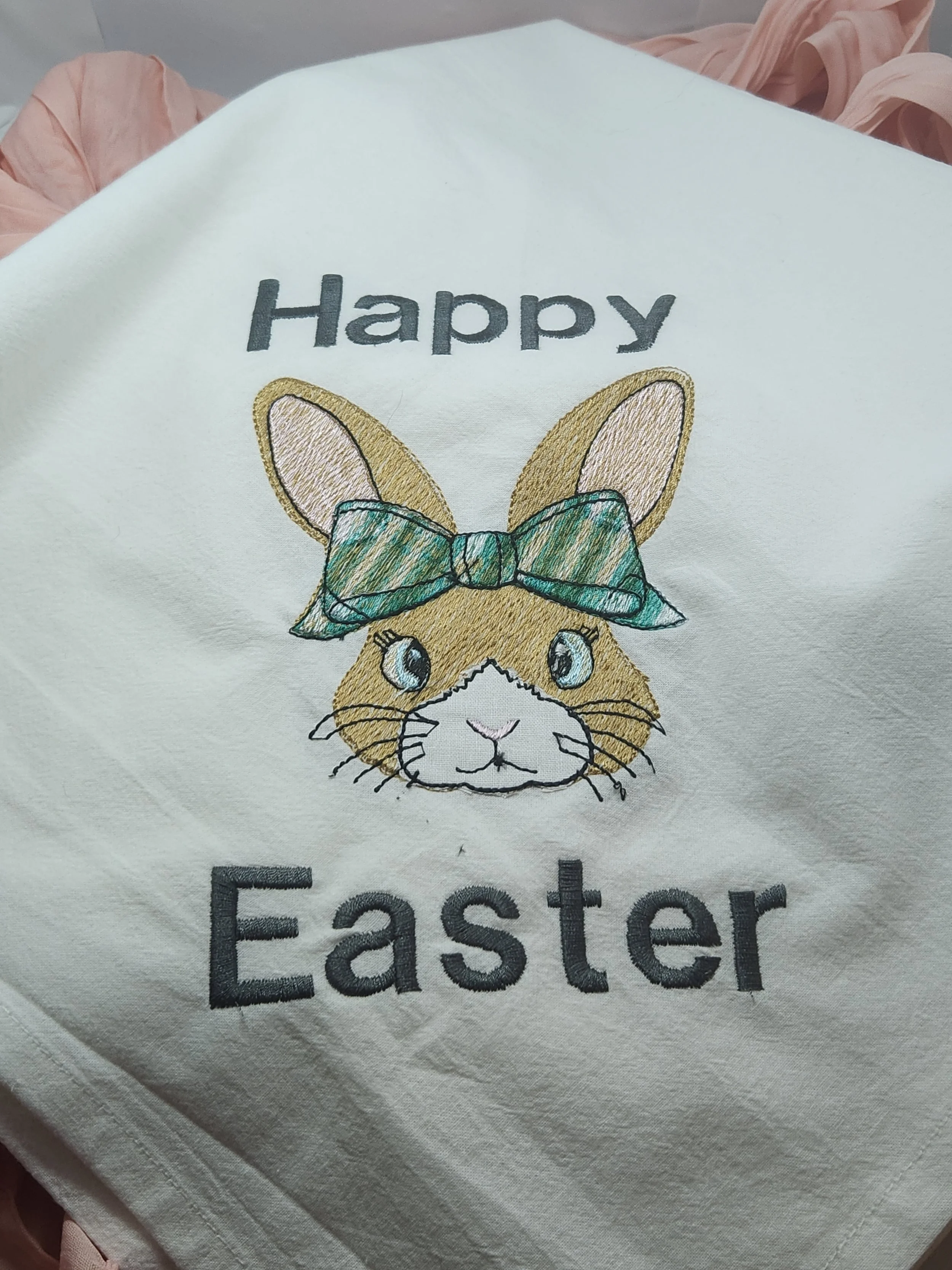 Custom Embroidered “Happy Easter” Cup Towel with Bunny Rabbit – Cotton Kitchen Décor