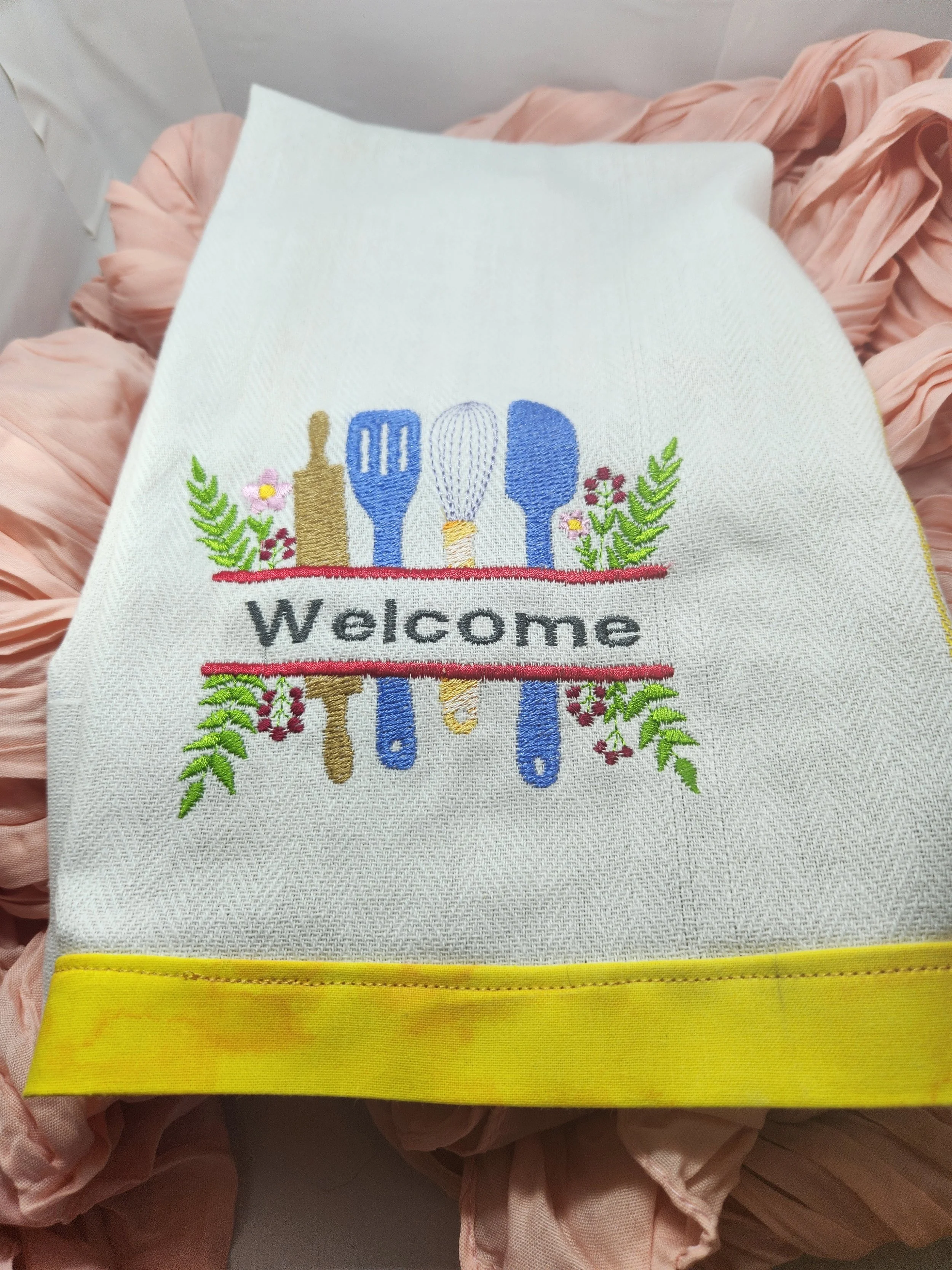 Custom Embroidered “WELCOME” Cup Towel with Utensil Design – Cotton Kitchen Décor