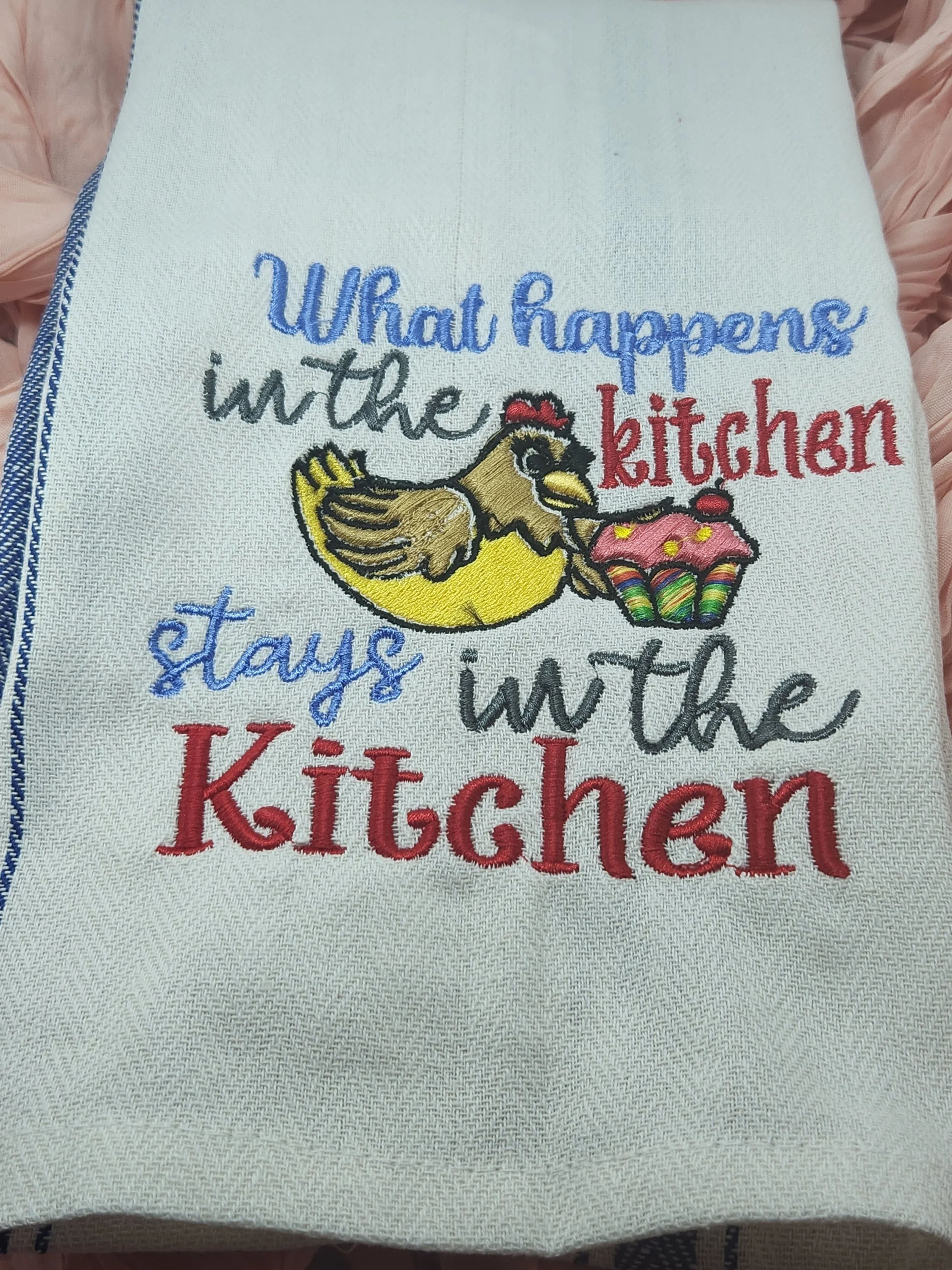 Custom Cotton Embroidered Cup Towel – “What Happens in the Kitchen Stays in the Kitchen”