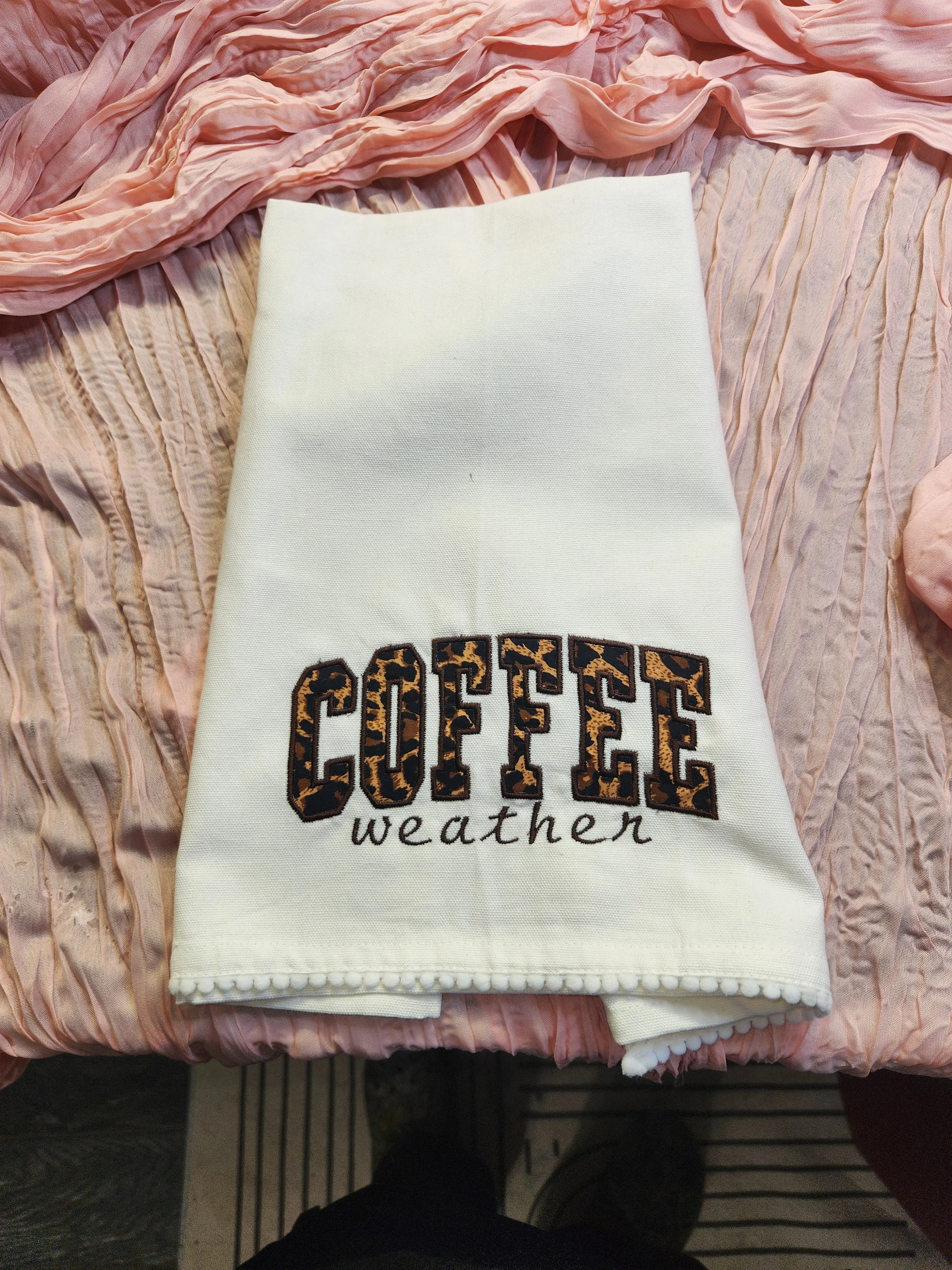 Custom Embroidered & Appliqué “Coffee Weather” Cotton Cup Towel