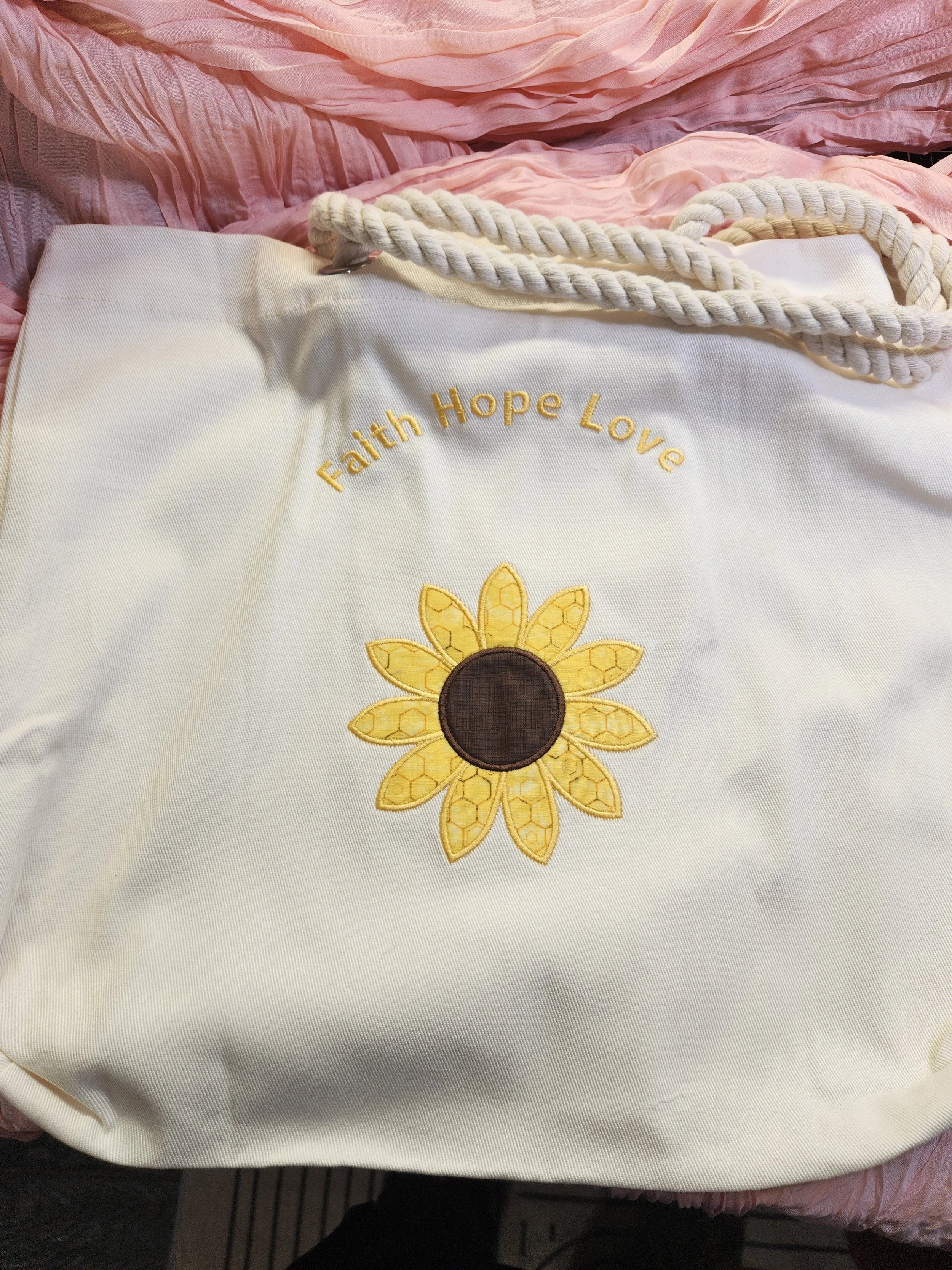 Custom Embroidered “Faith, Hope, Love” Sunflower Heavyweight Canvas Bag