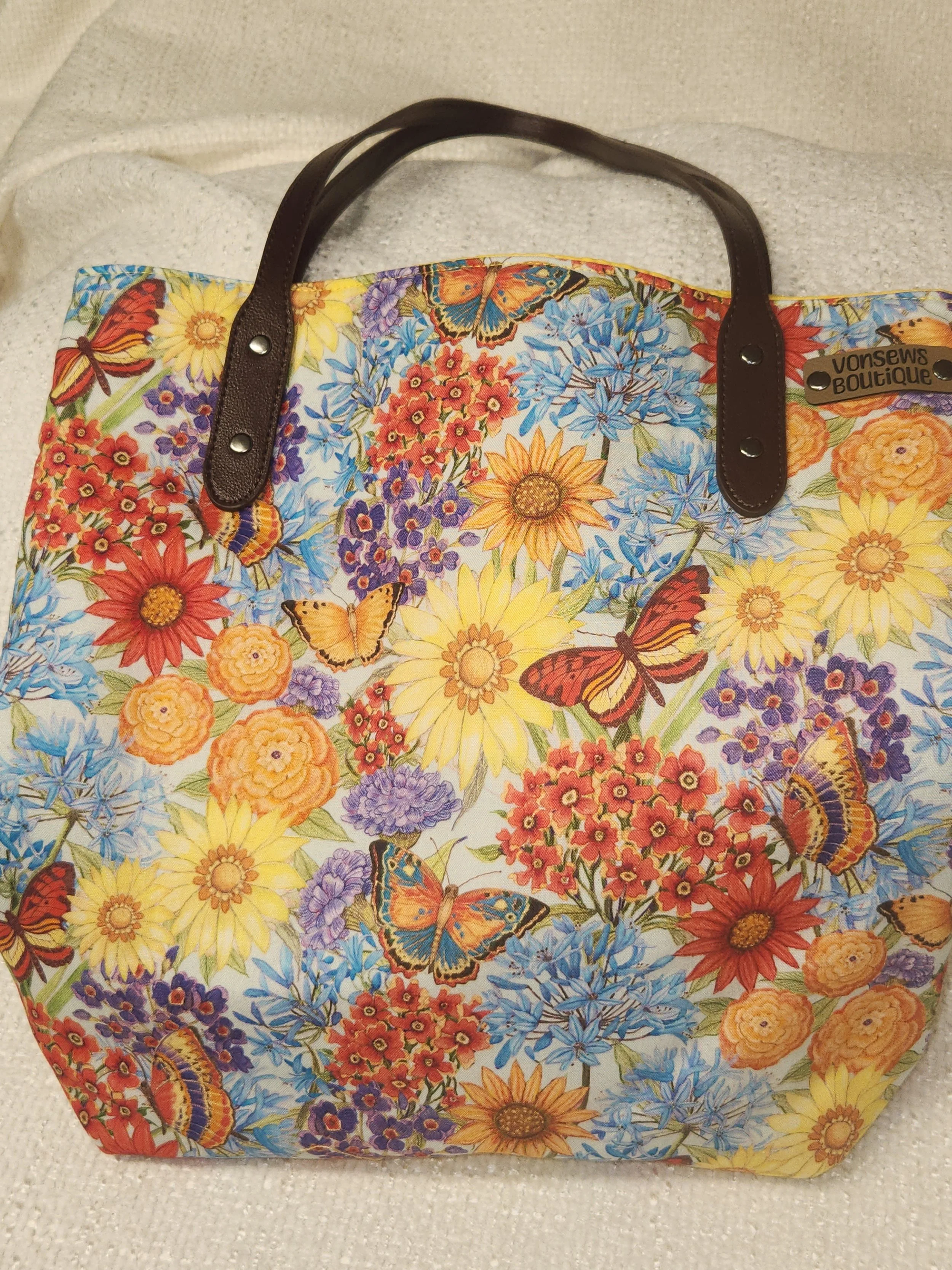 Handcrafted Floral Butterfly Tote with Leather Straps