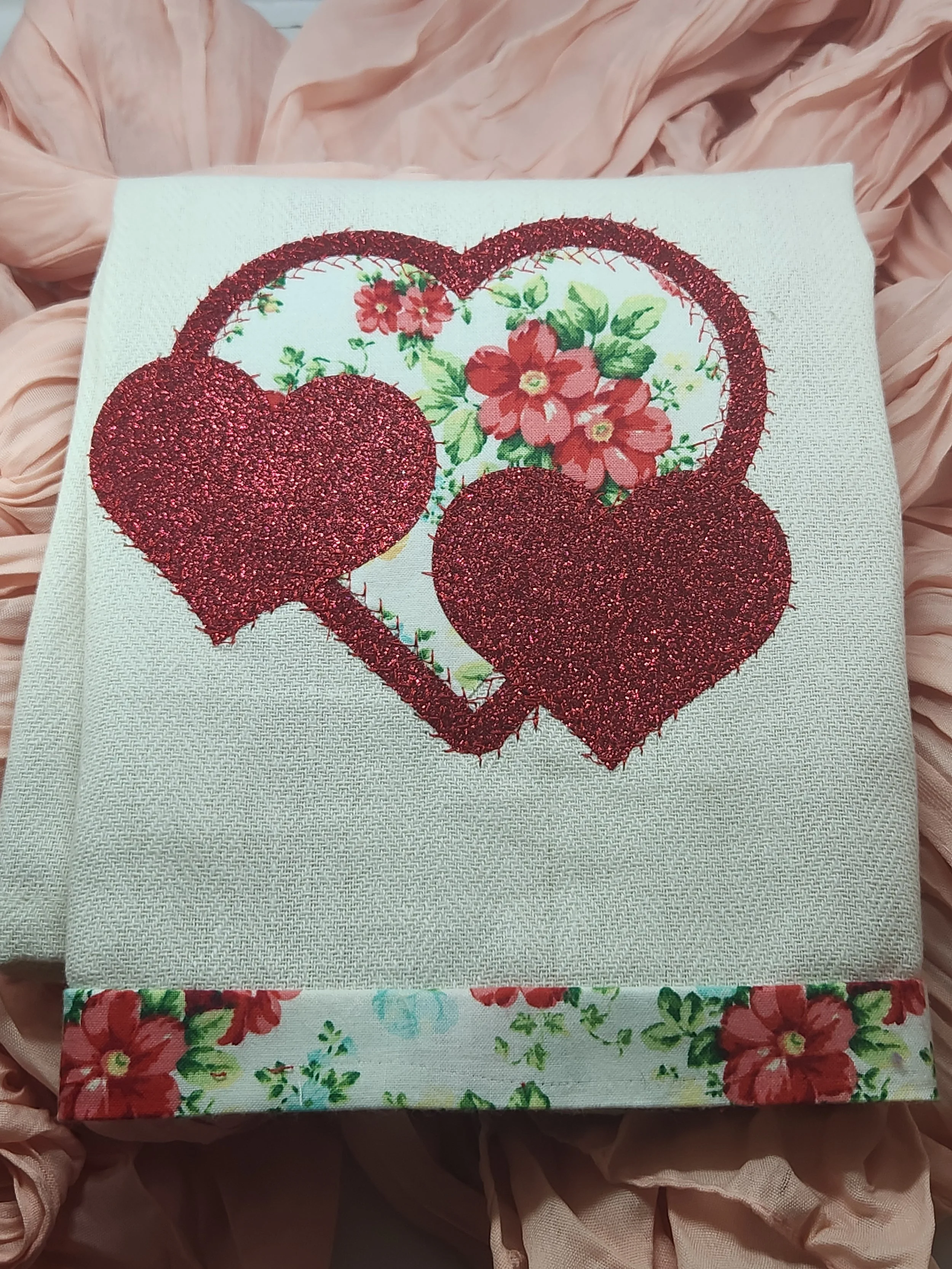 Custom Embroidered & Appliqué Cotton Towel with Hearts and Flowers