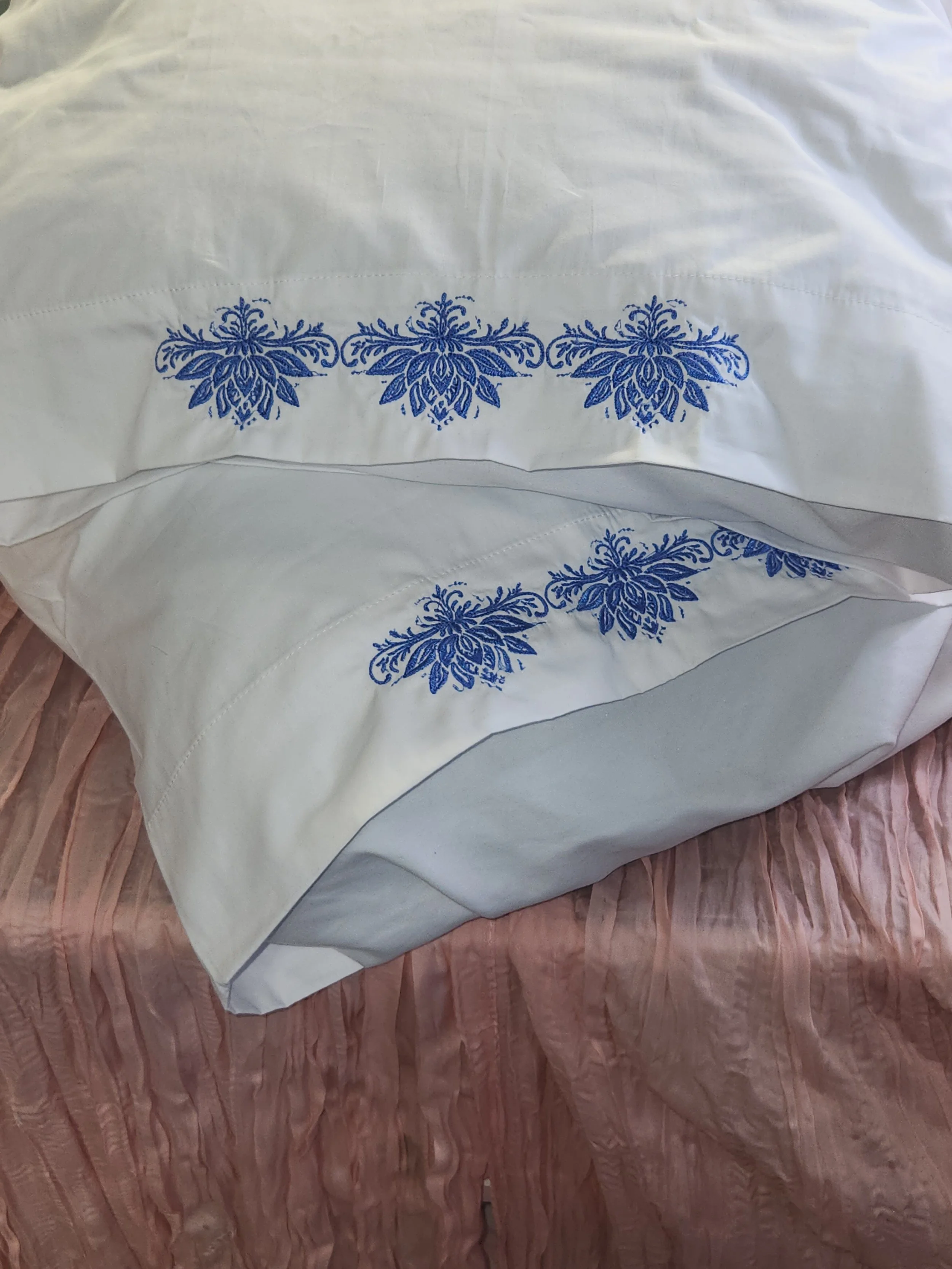 Blue Floral Embroidered Pillowcases - Set of 2
