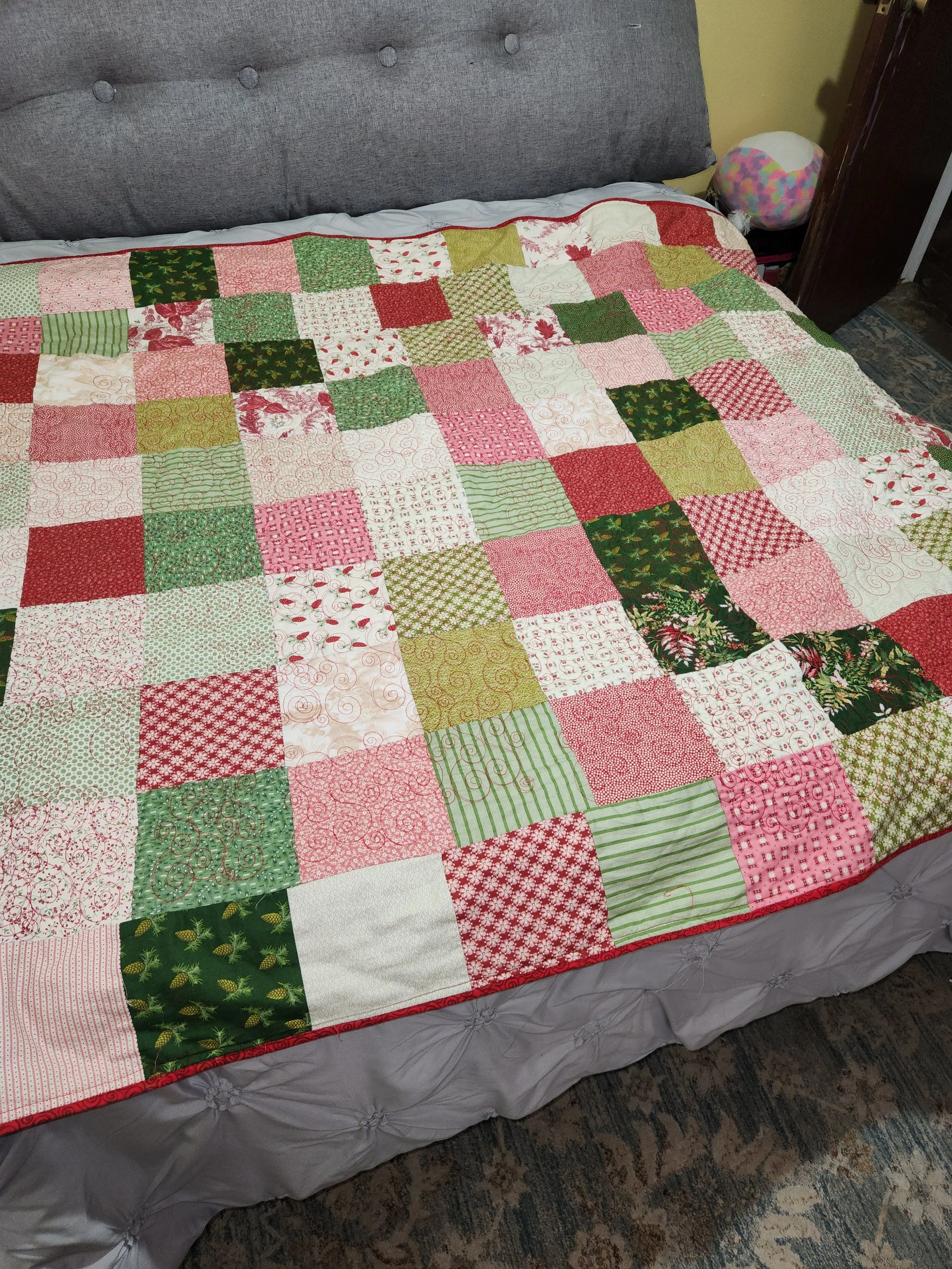 Handmade 65" x 52" Colorful Block Quilt – Red, Green & Multicolor Patchwork Quilt