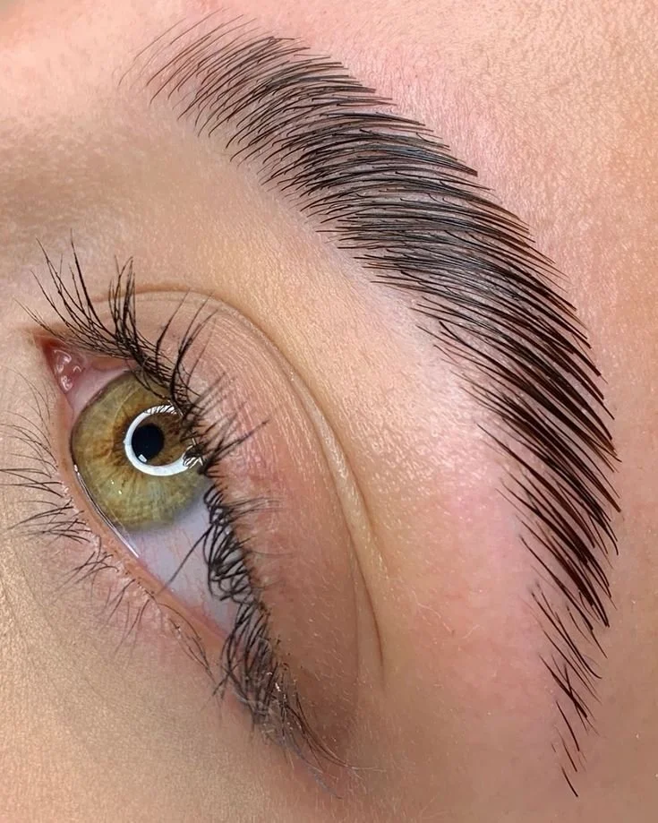 Chiaramente, l'immagine mostra un primo piano di un occhio umano con sopracciglia ben curate e ciglia lunghe e folte.