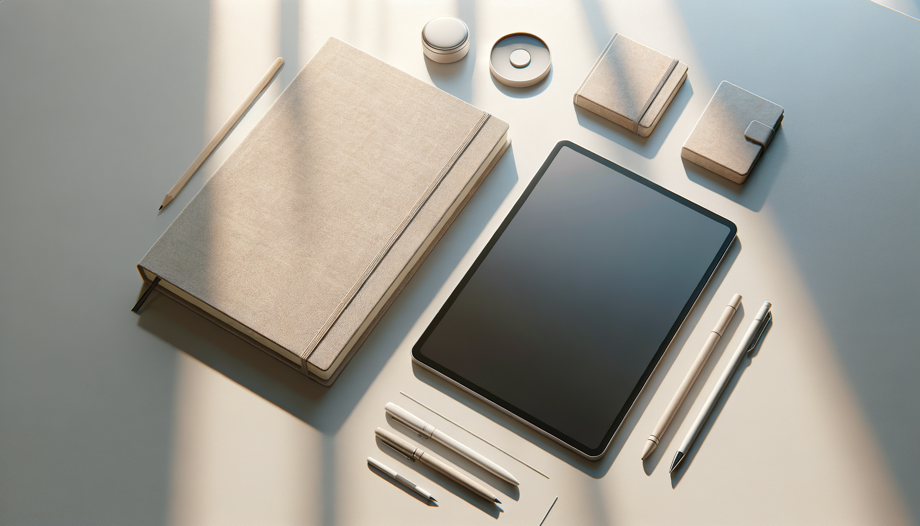 A neatly arranged workspace with a large beige notebook, a tablet, various pens, a pencil, and notebooks, on a white desk illuminated by natural light.