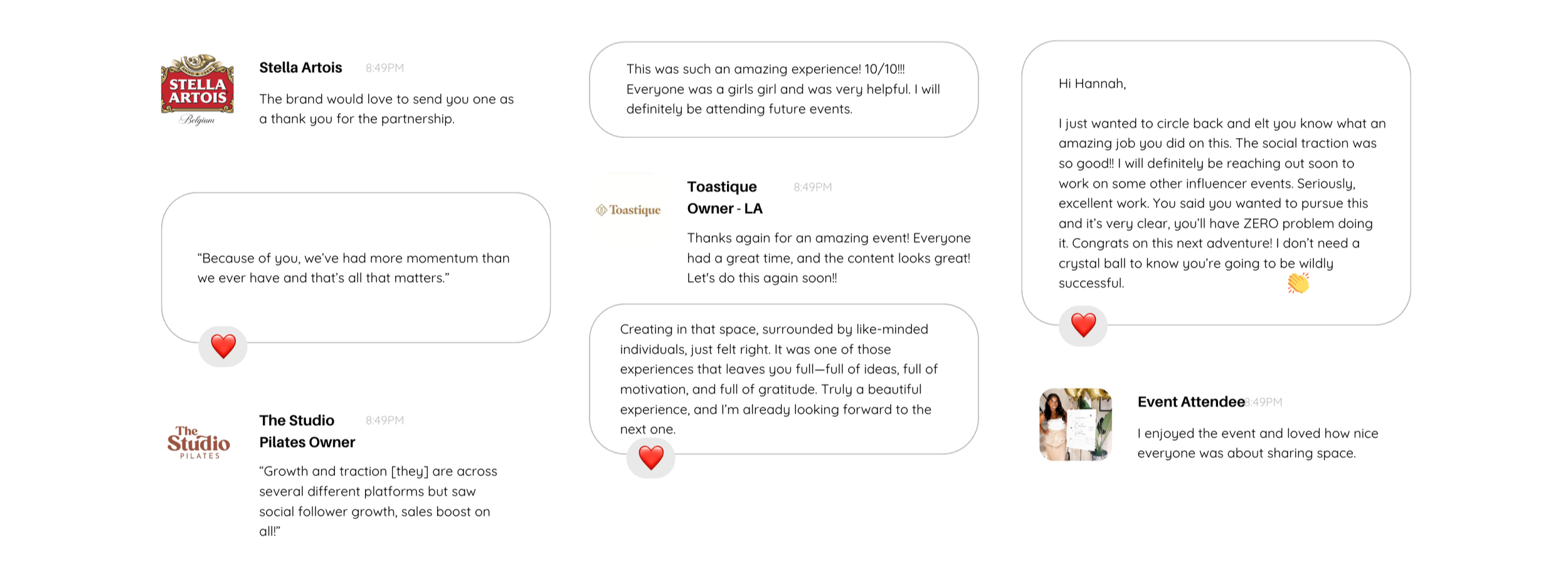 Screenshot of a text conversation featuring multiple messages, company logos, and emojis, discussing an event, gratitude, and future plans.