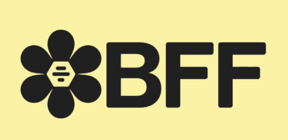 A stylized black flower with a honeybee in the center, next to the letters 'BFF' on a light yellow background.