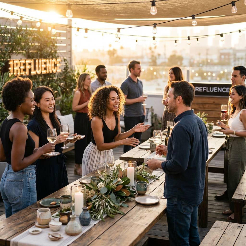People socializing on rooftop terrace during sunset, holding drinks, around a table with candles and greenery, with vintage string lights overhead.