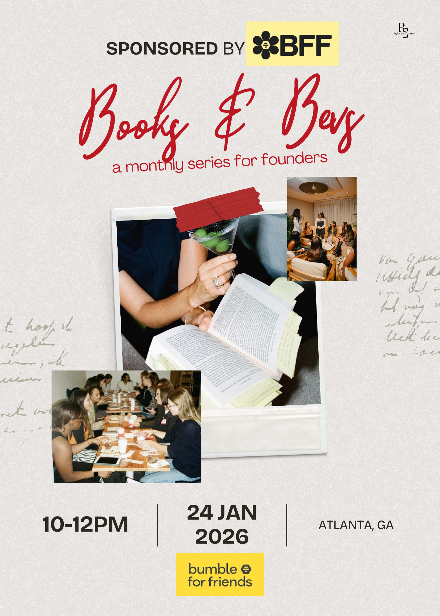 Flyer for a monthly series called 'Books & Buns' sponsored by BFF, featuring images of women at a book club and a social gathering, scheduled for January 24, 2026, in Atlanta, GA, from 10 a.m. to 12 p.m., with a Bumble for Friends logo.