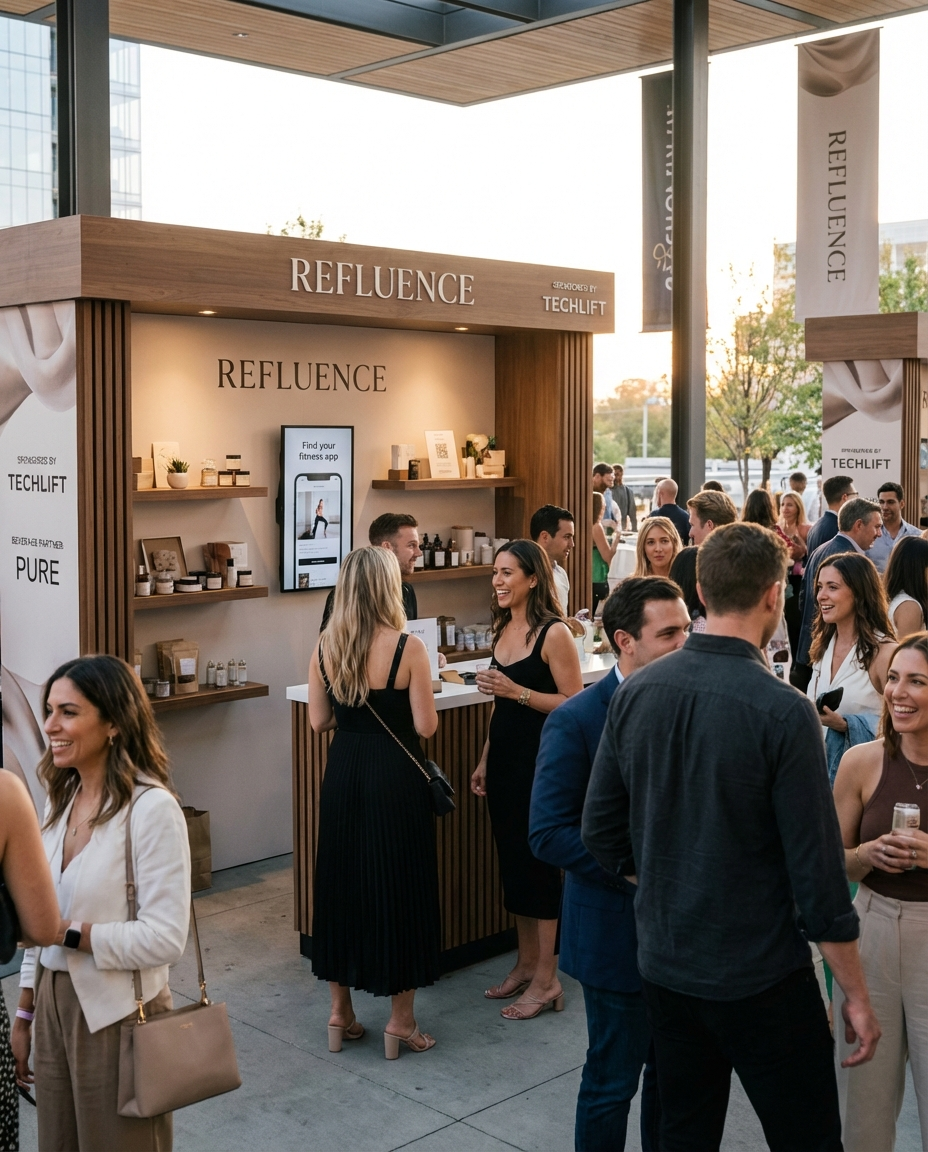 People gathering around a booth labeled 'Refluence' at a trade show or event, with some individuals engaging in conversation and others browsing products displayed on shelves.