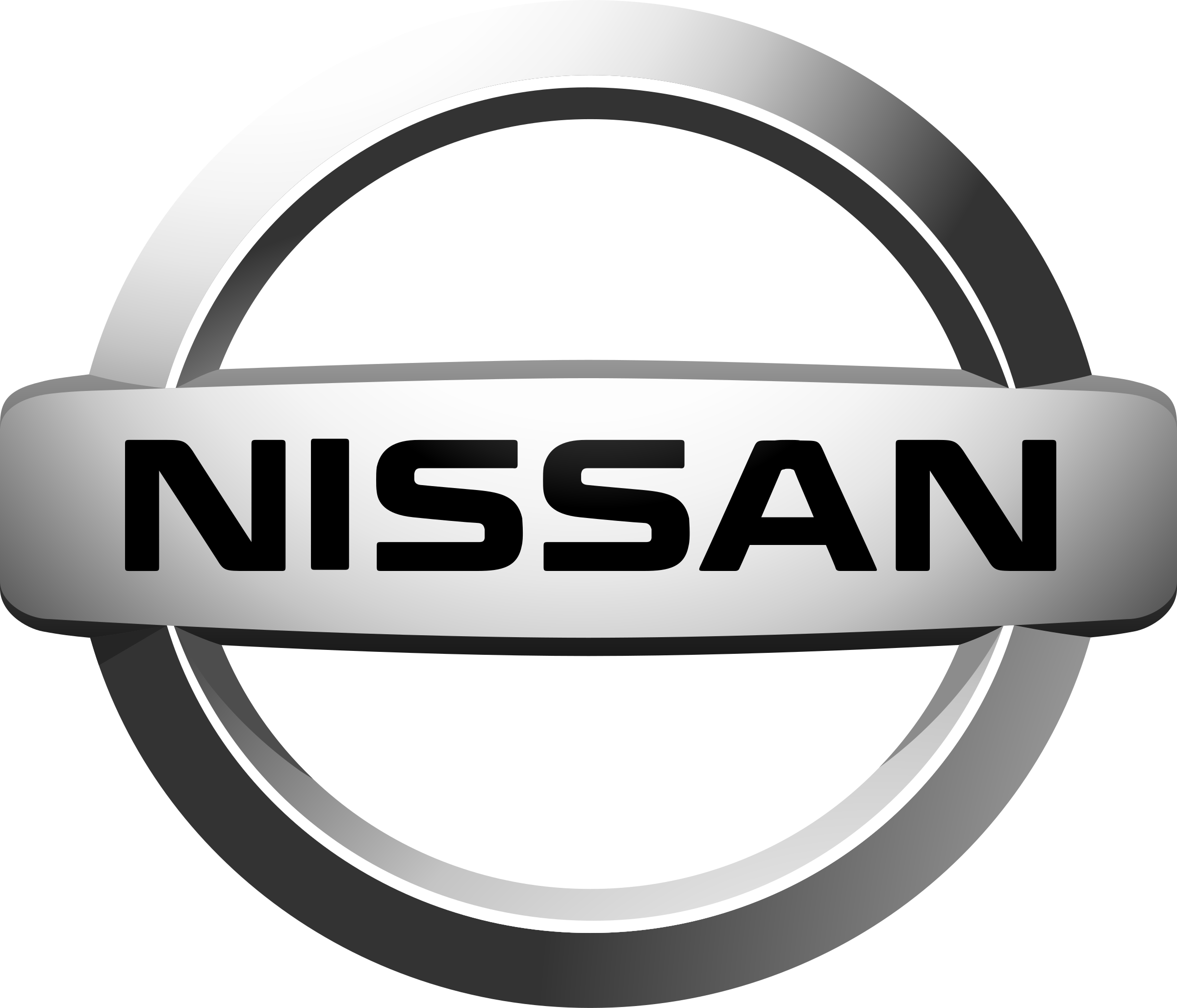 The Nissan logo, featuring bold black text 'NISSAN' on a silver background with a chrome-like ring encompassing a horizontal bar.