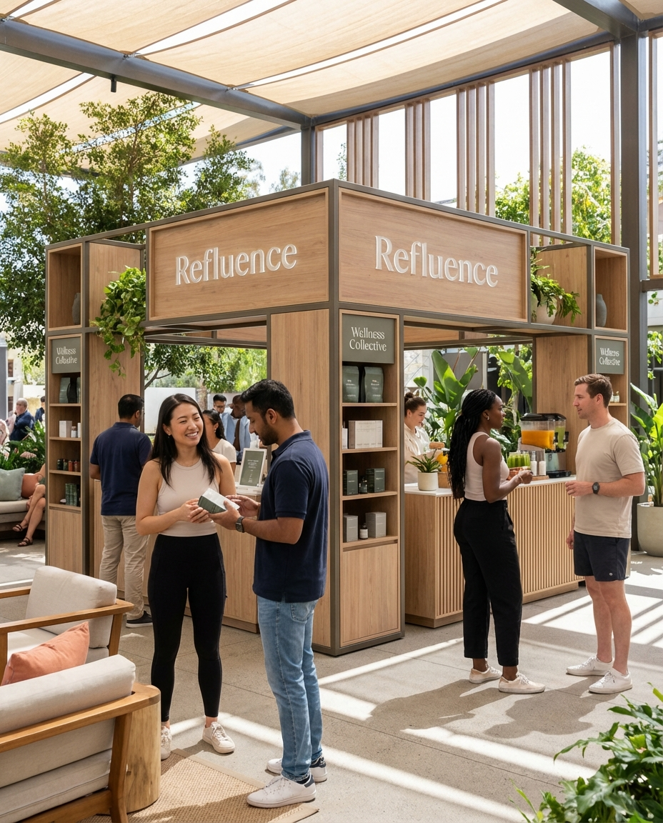 People socializing and shopping at a wellness kiosk named 'Refluence' in an outdoor setting with trees and sunlight.