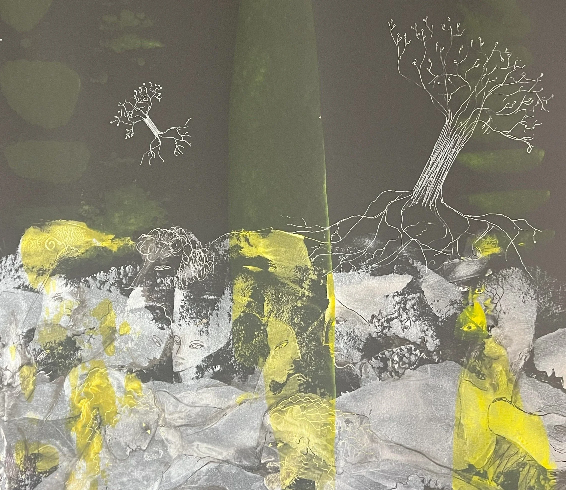 Center detail of Illusions in Silver showing symbolic tree, hidden faces, silver textures, and luminous yellow accents in a dreamlike composition.