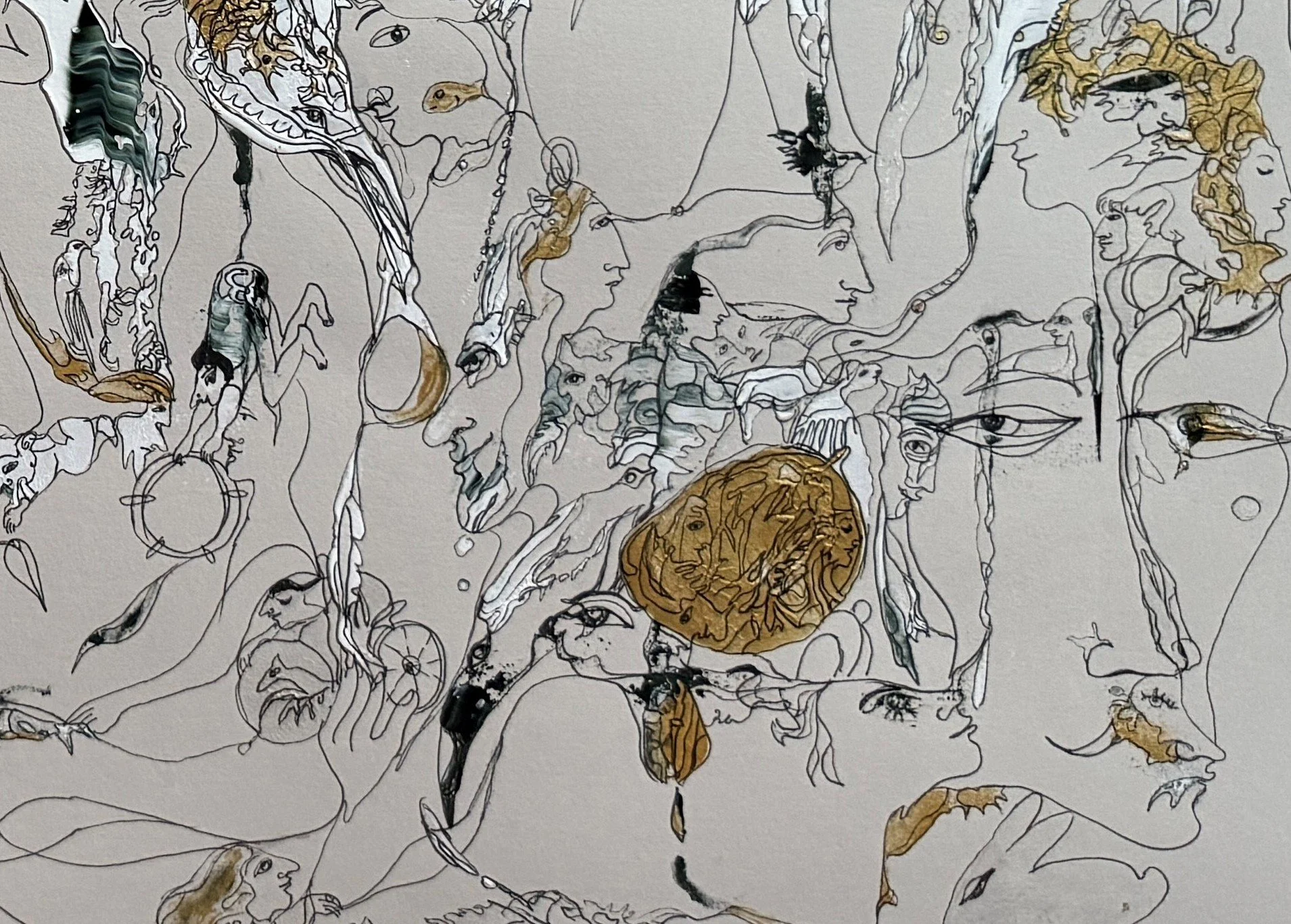Center left detail of Conversation with Conscience highlighting expressive faces, birds, symbolic figures, and intricate contemporary line drawing.